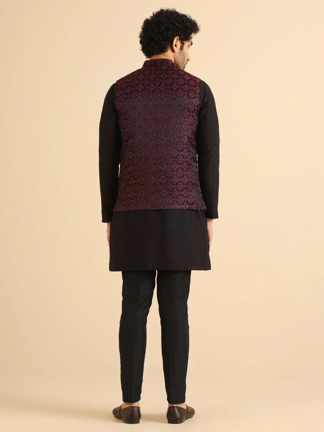 Black Maroon Textured Nehru Jacket - Image 3