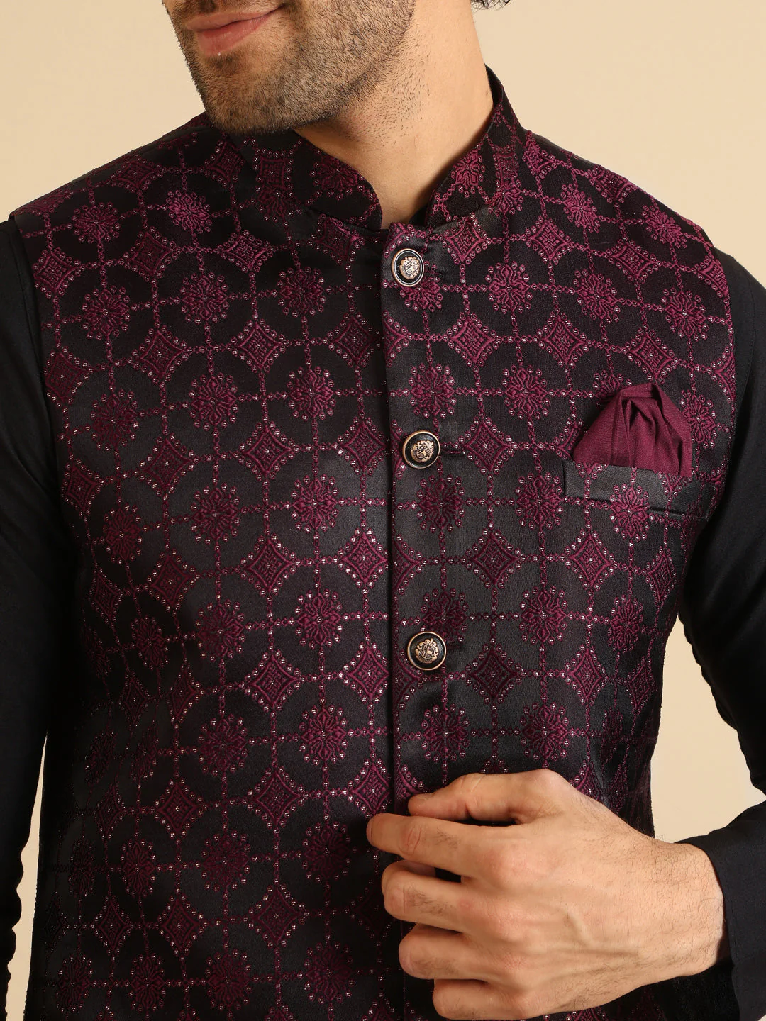 Black Maroon Textured Nehru Jacket - Image 4