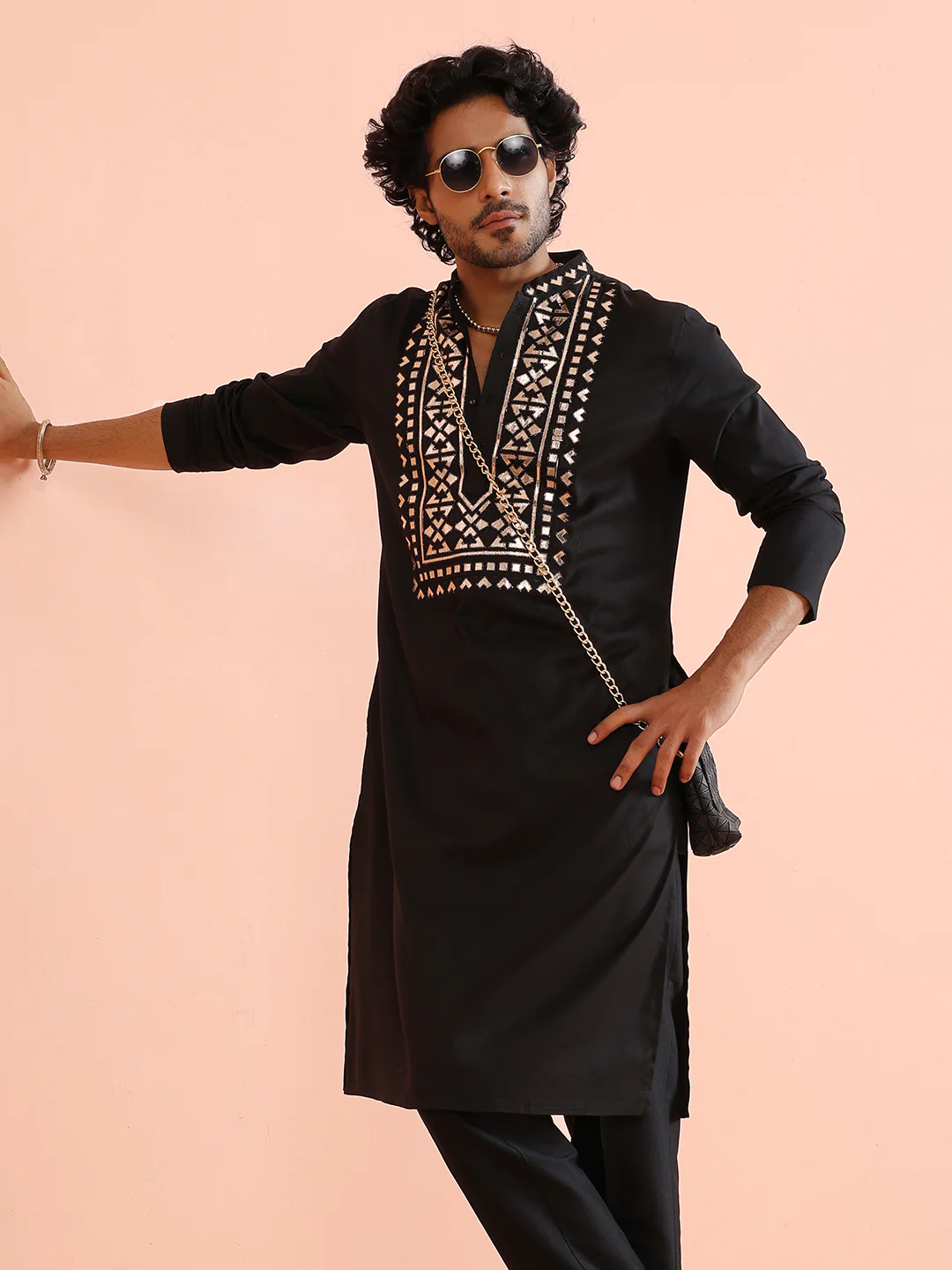 Black Metallic Embroidered Silk Kurta