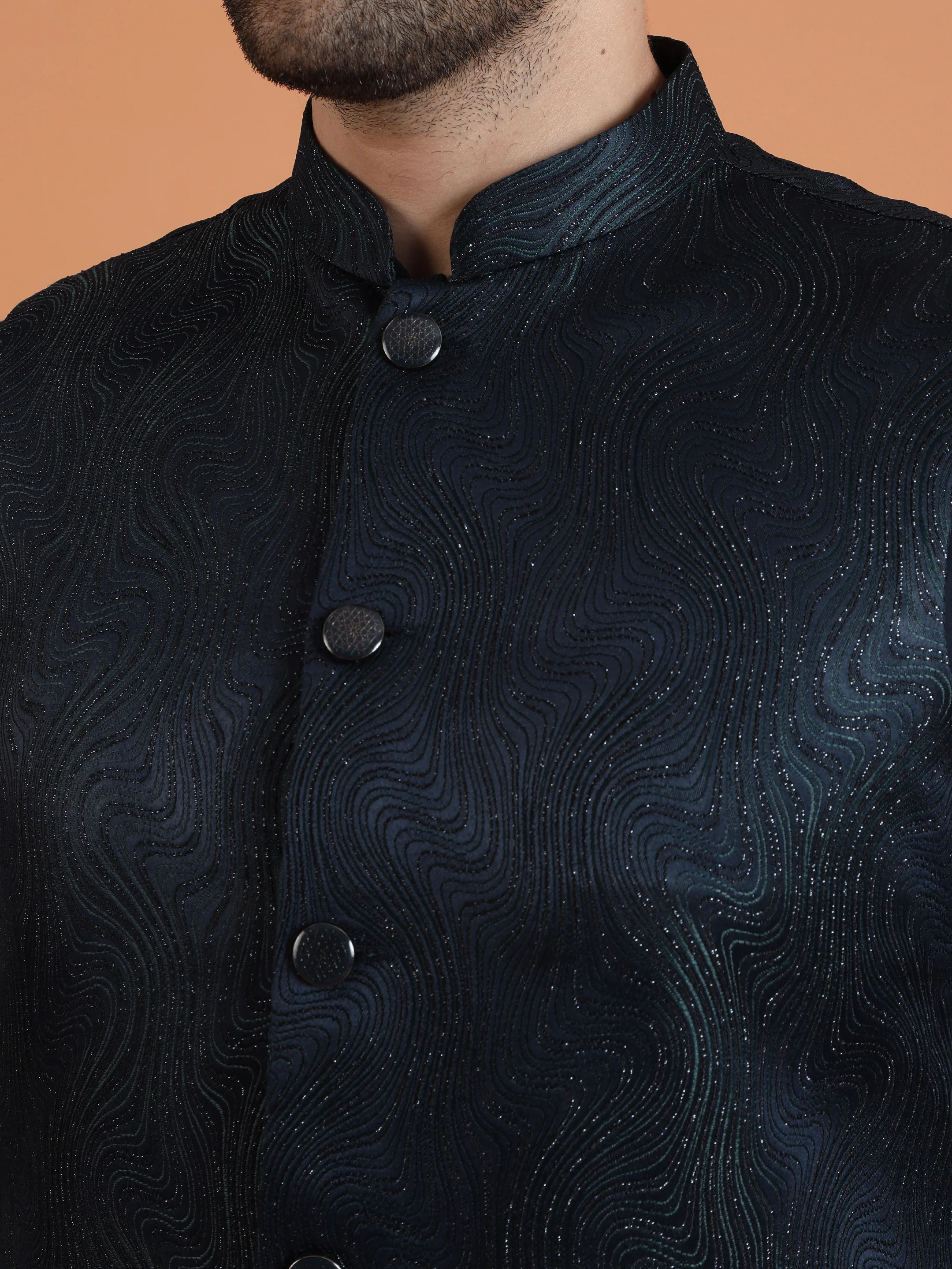 Black Metallic Textured Nehru Jacket - Image 5