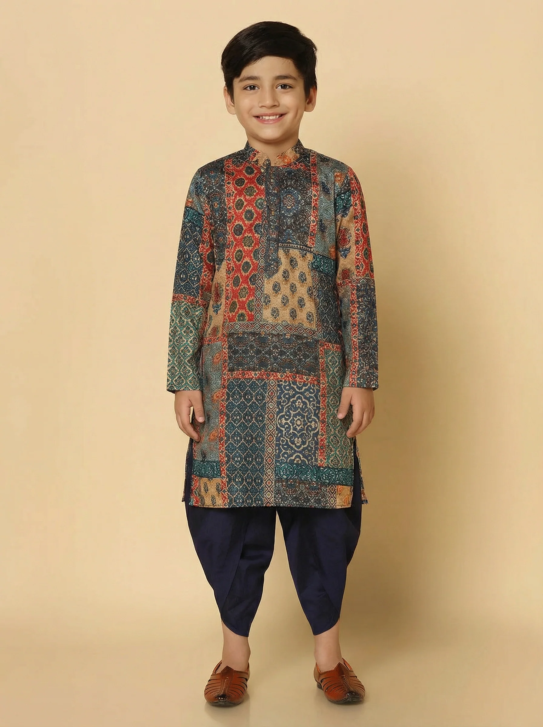 Black Multicolor Cotton Blend Printed Kurta Dhoti Set