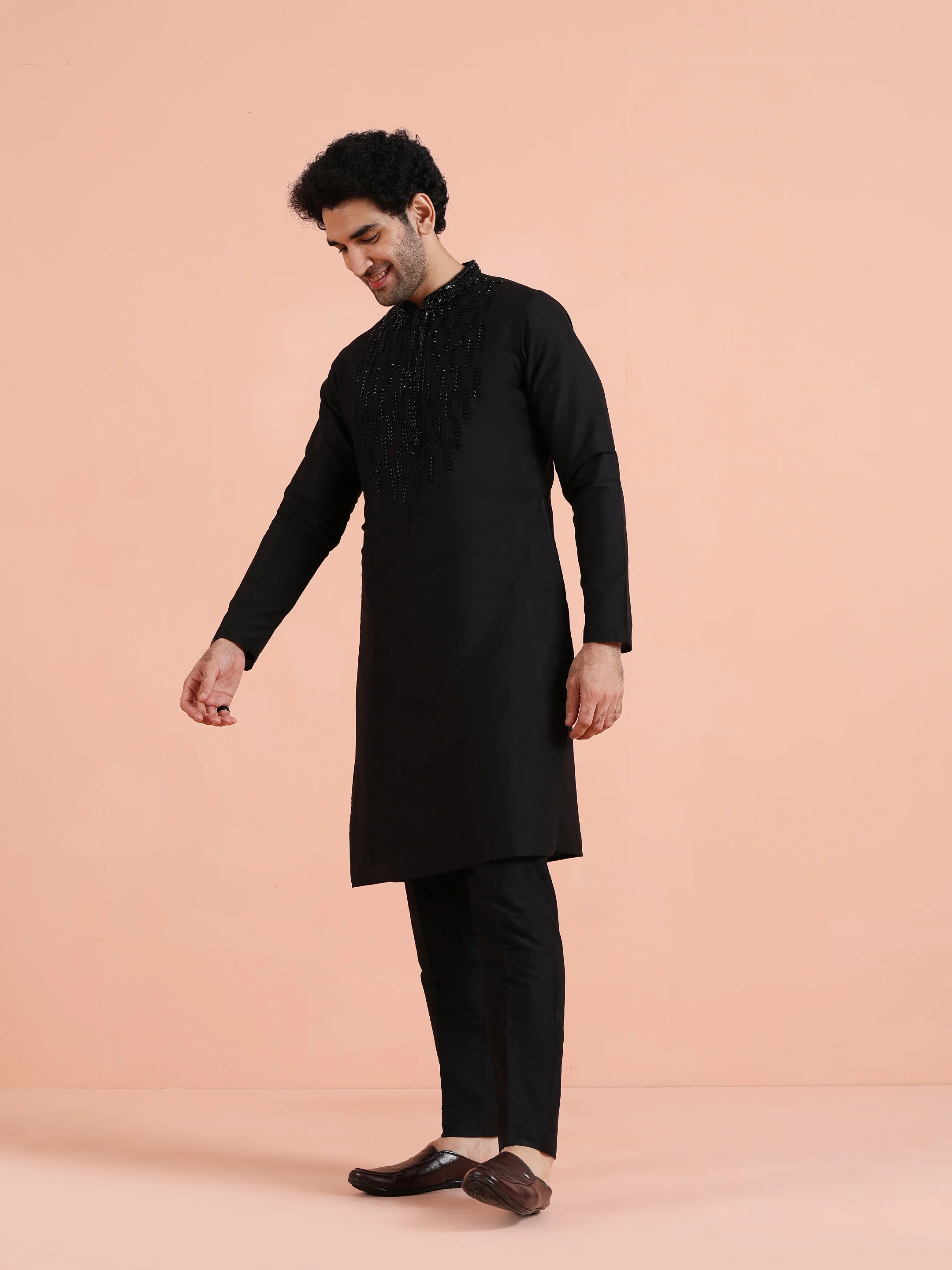 Black Poly Silk Embellished Kurta Trouser Set - Image 2
