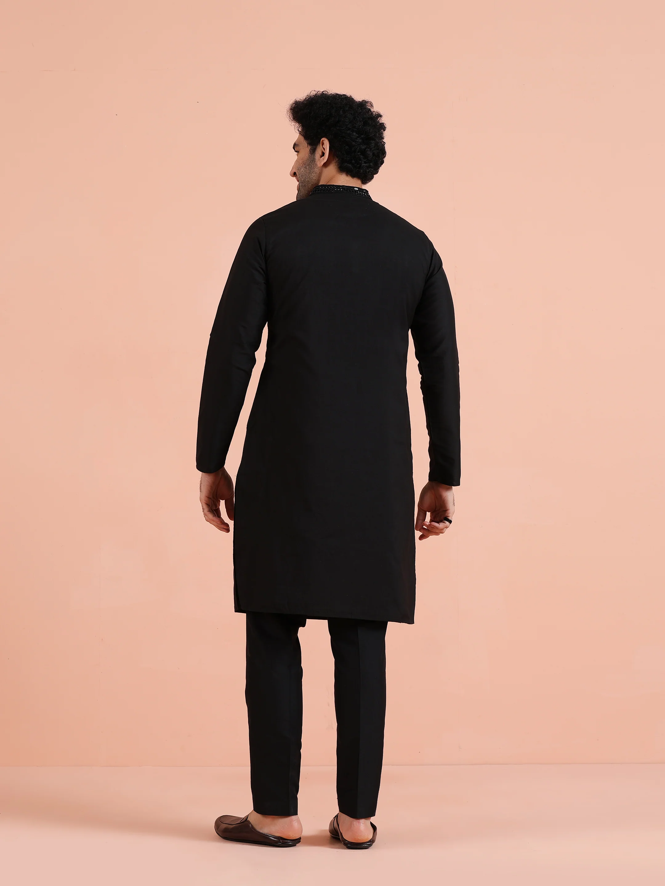 Black Poly Silk Embellished Long Kurta - Image 4
