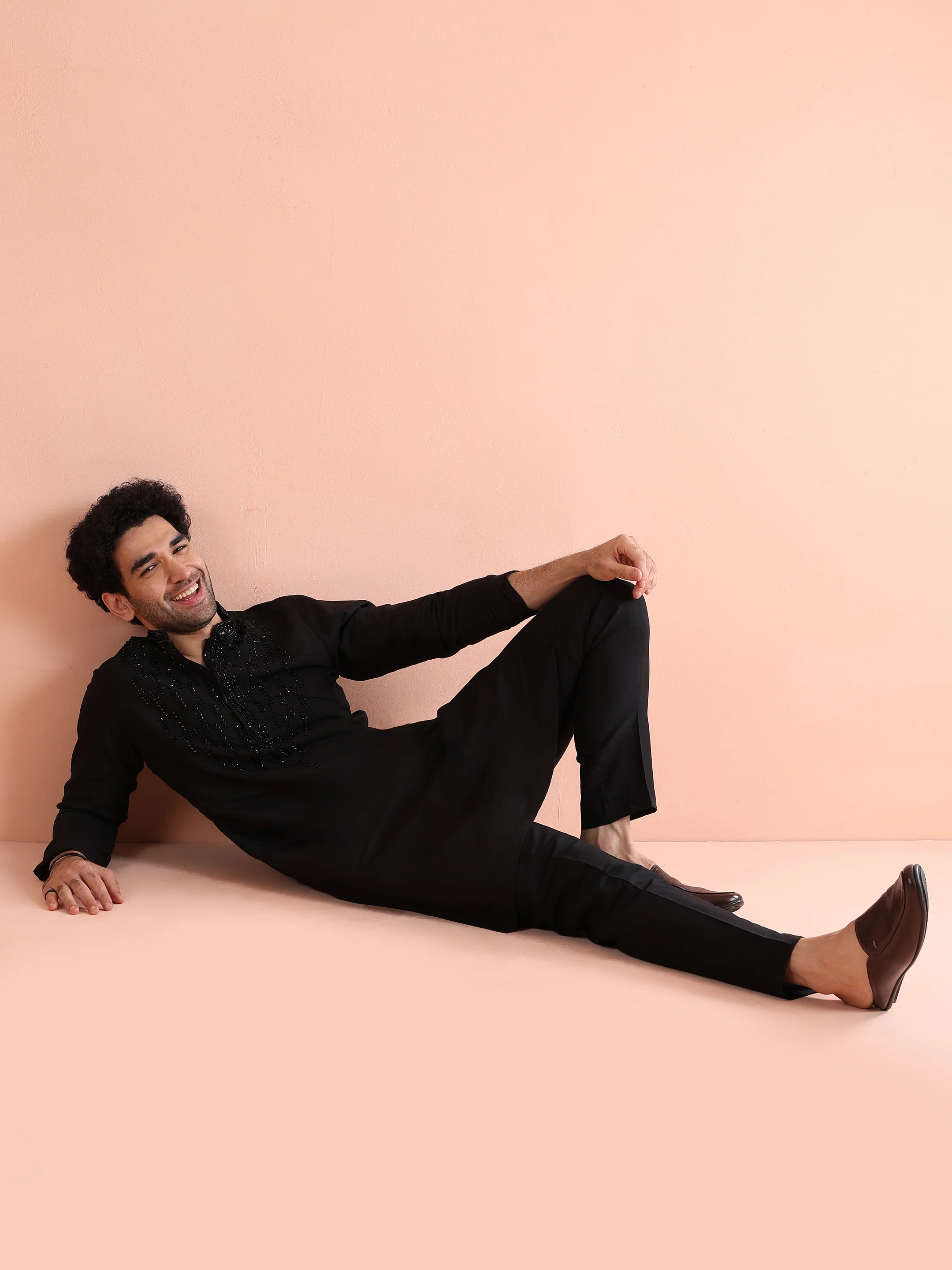 Black Poly Silk Embellished Long Kurta - Image 7