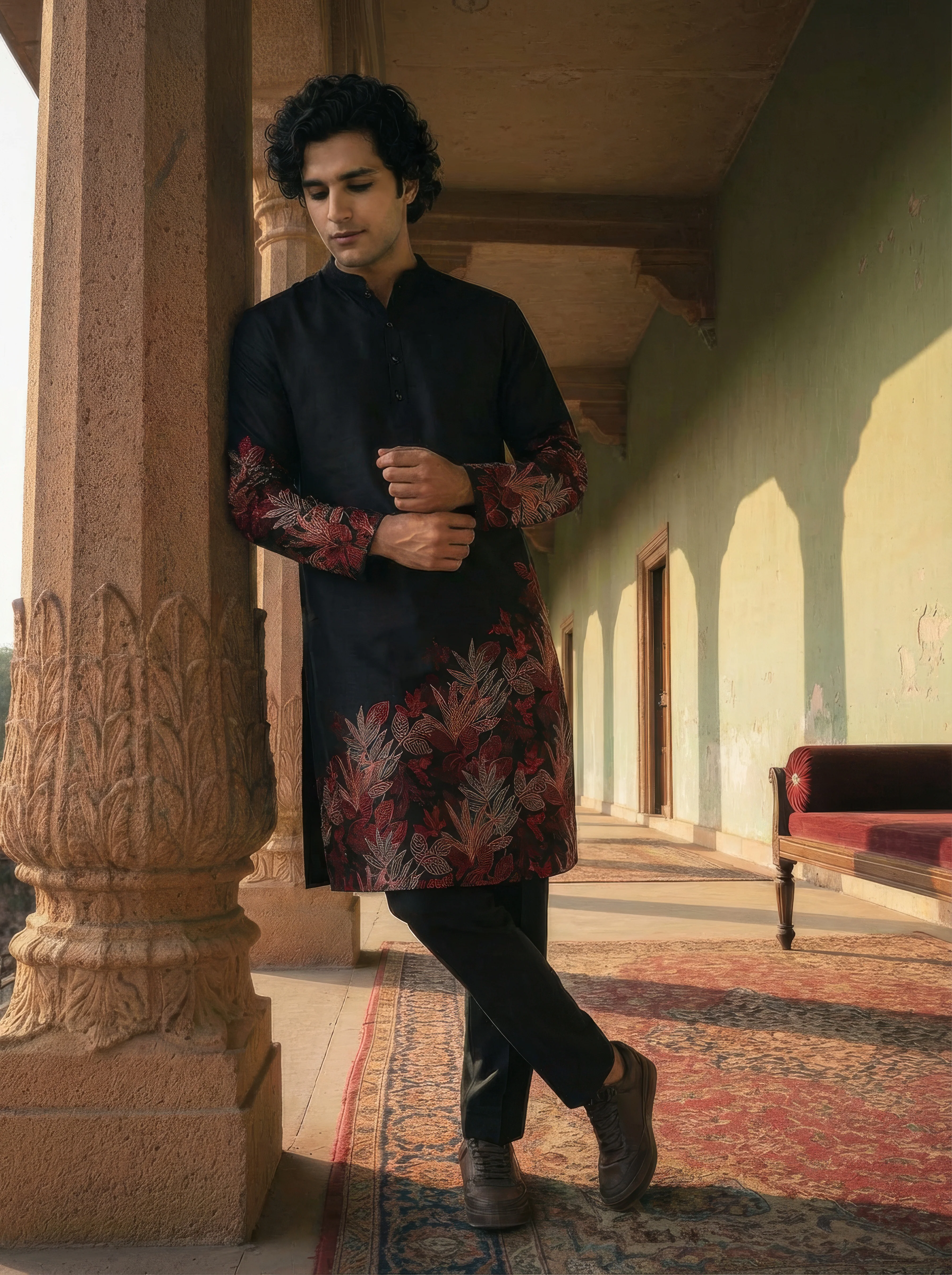 Black Poly Silk Embroidered Kurta Trouser Set