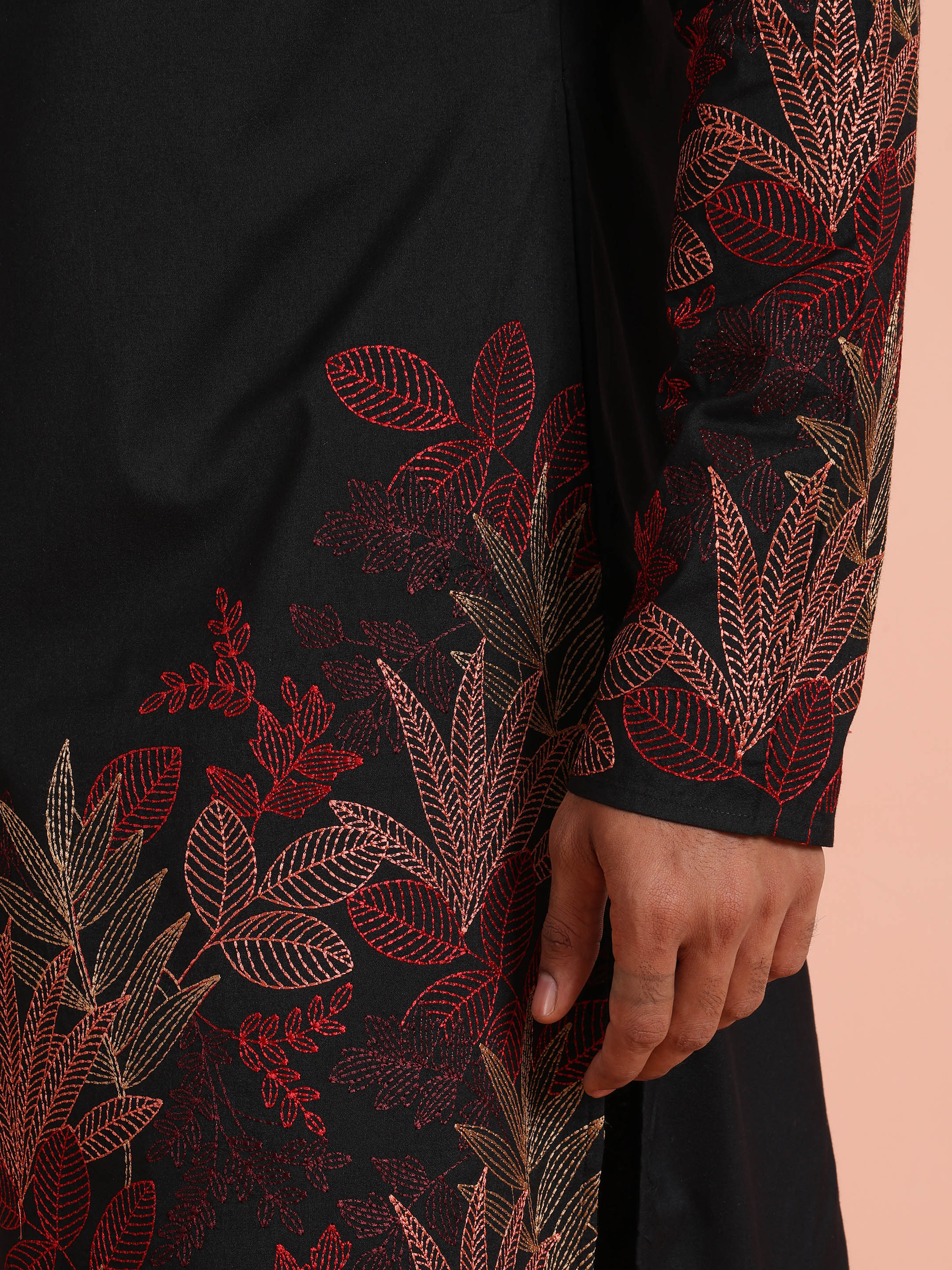 Black Poly Silk Embroidered Kurta Trouser Set - Image 6