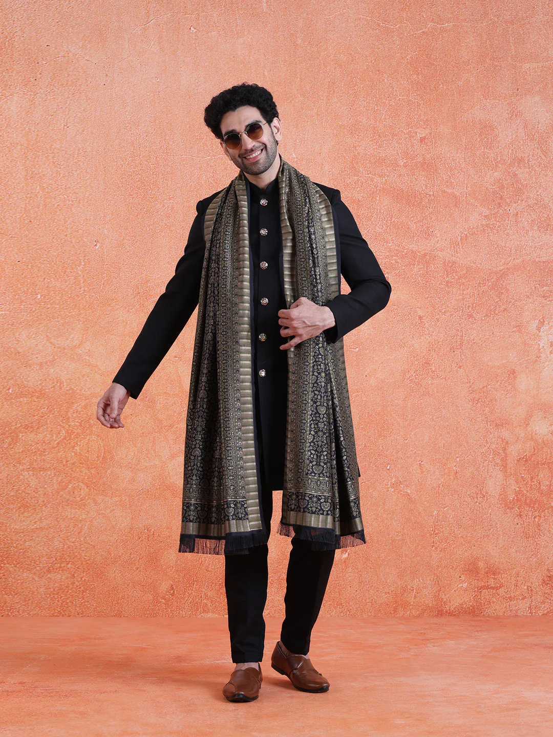 Black Polyviscose Solid Sherwani Trouser Set With Dupatta