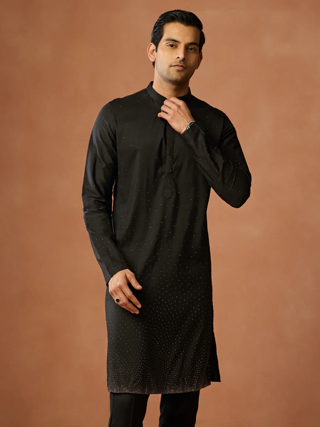 Black Silk Blend Embellished Long Kurta