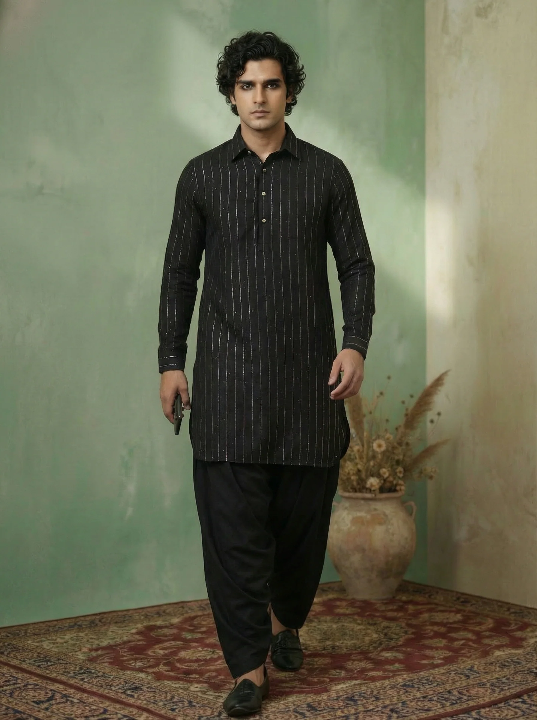 Black Silk Blend Embellished Long Pathani Kurta