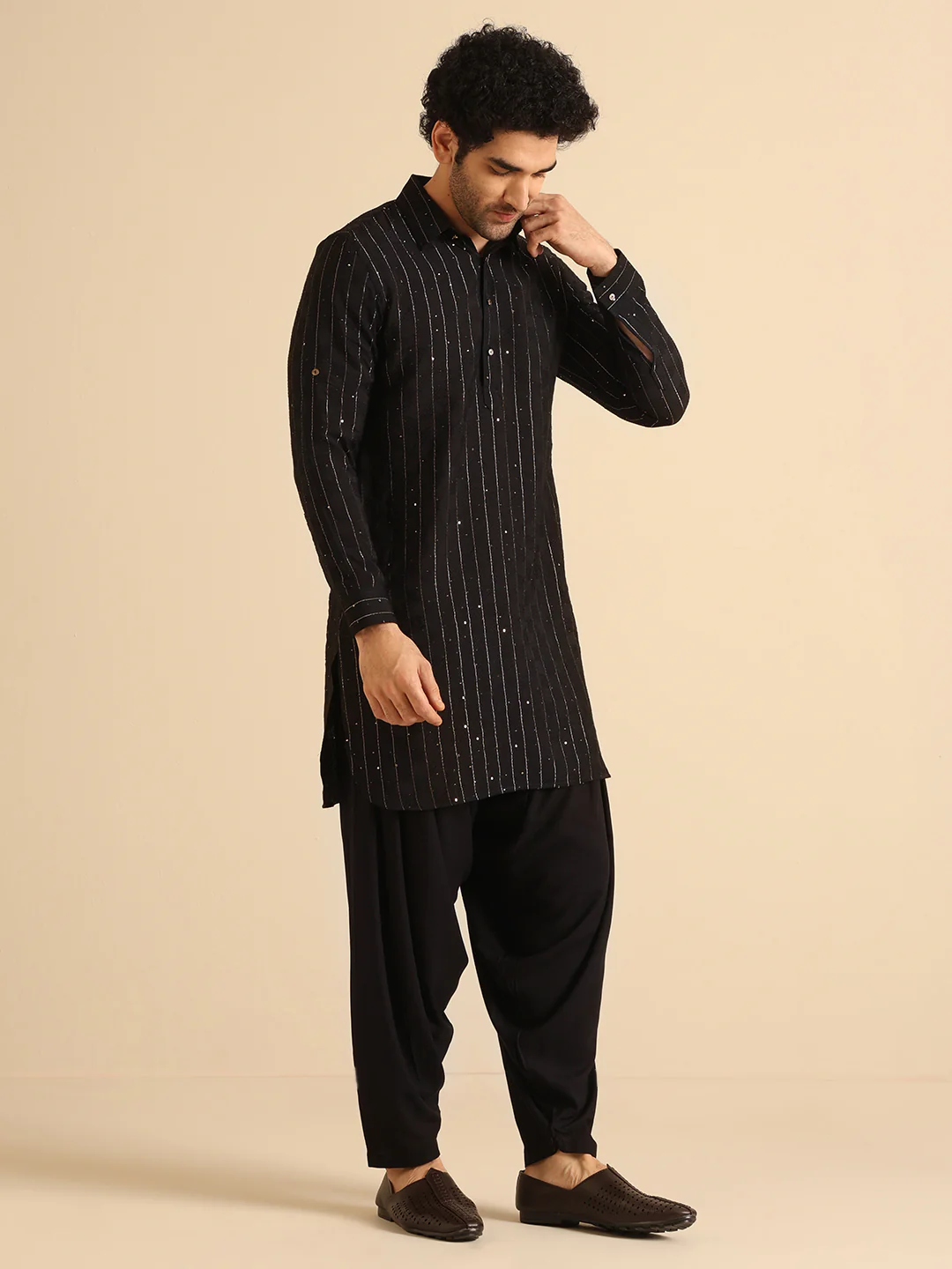 Black Silk Blend Embellished Long Pathani Kurta - Image 2