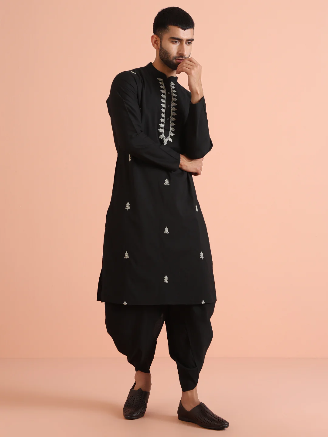 Black Silk Blend Embroidered Kurta - Image 2