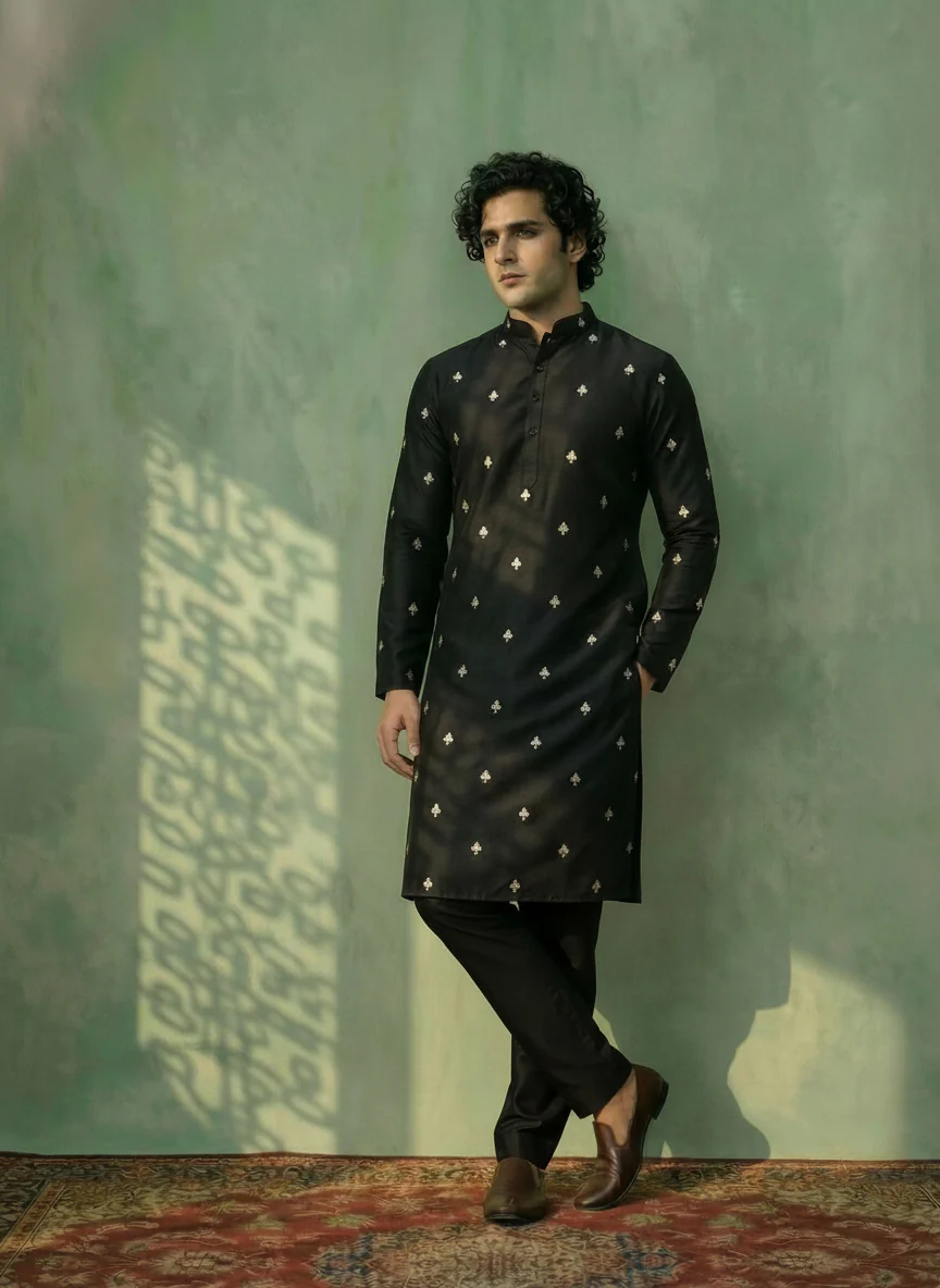Black Silk Blend Embroidered Long Kurta