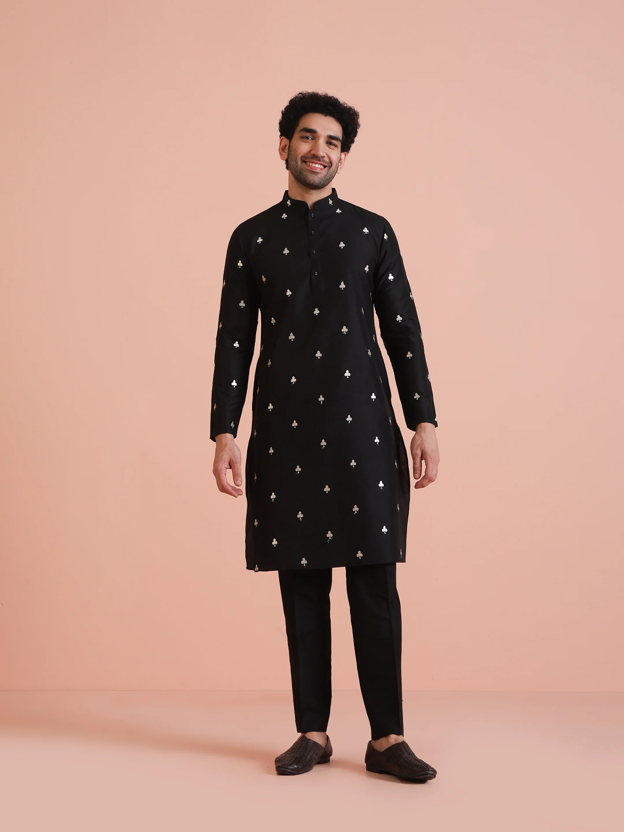 Black Silk Blend Embroidered Long Kurta - Image 6