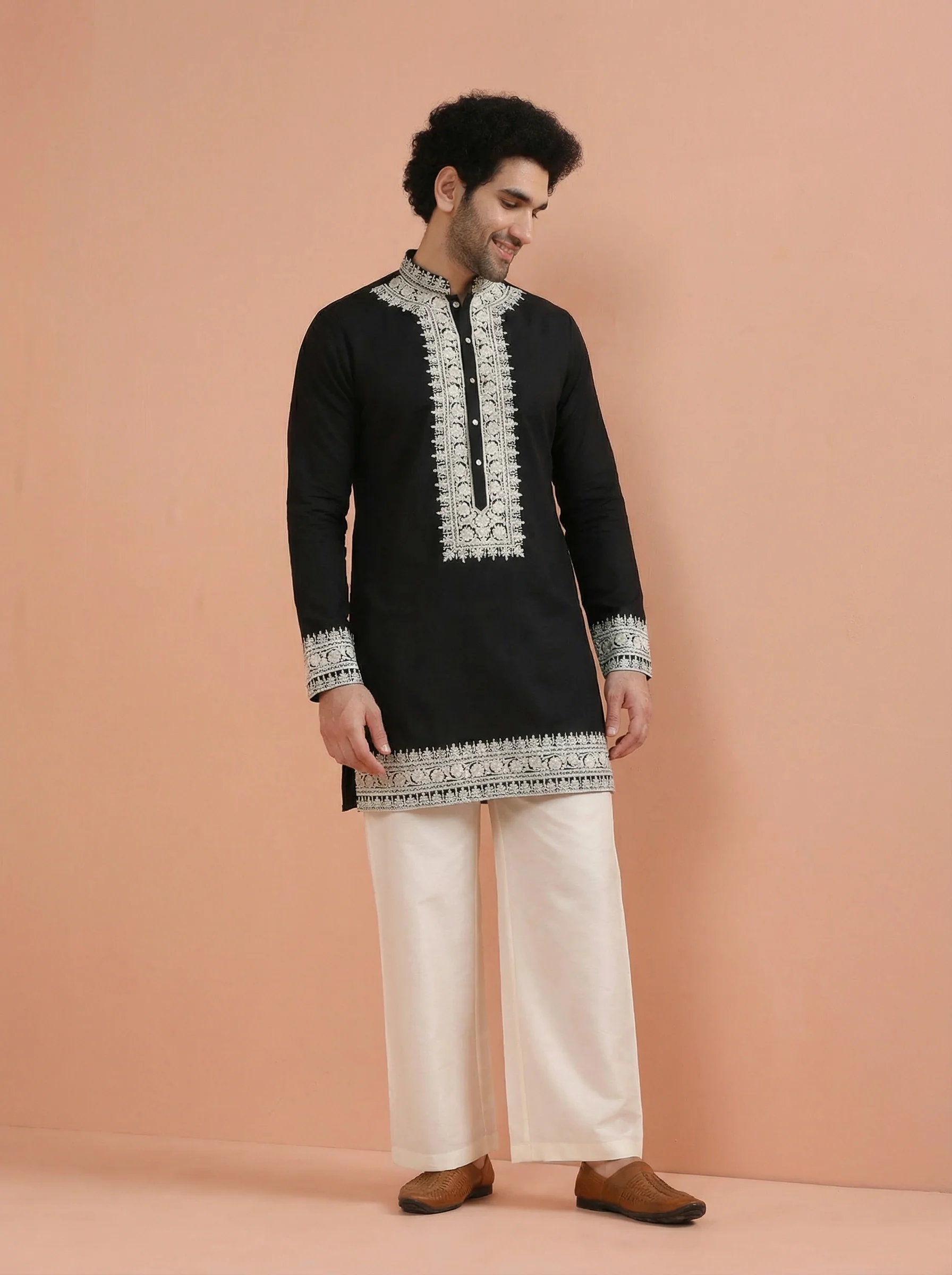 Black Silk Blend Embroidered Mid Kurta Wide Leg Pant Set