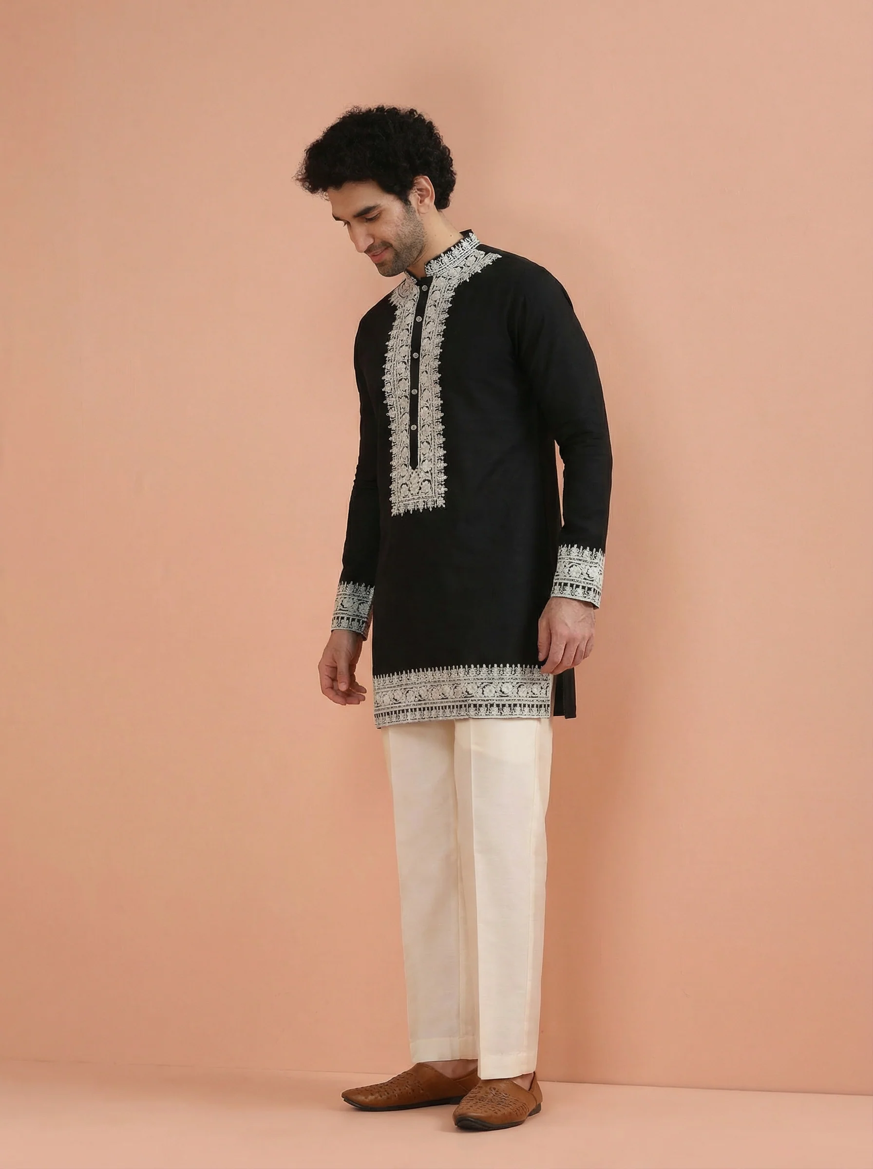 Black Silk Blend Embroidered Mid Kurta Wide Leg Pant Set - Image 2
