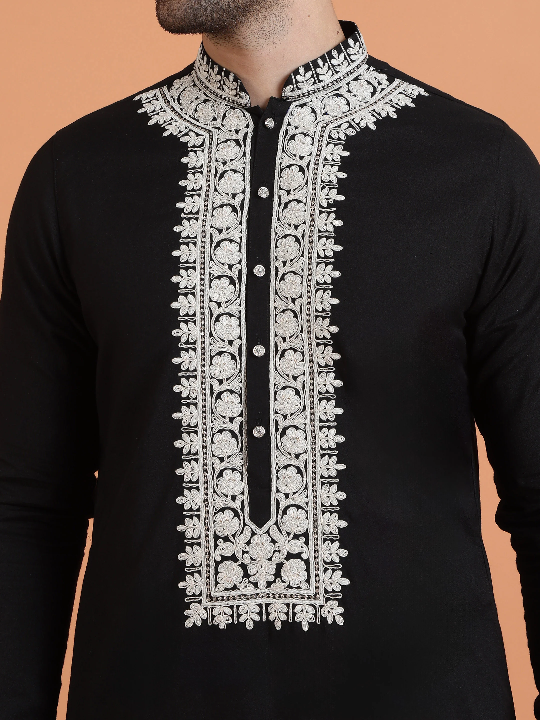 Black Silk Blend Embroidered Mid Kurta Wide Leg Pant Set - Image 4