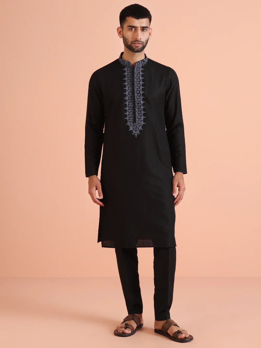 Black Silk Blend Jacquard Embroidered Kurta Trouser Set - Image 8