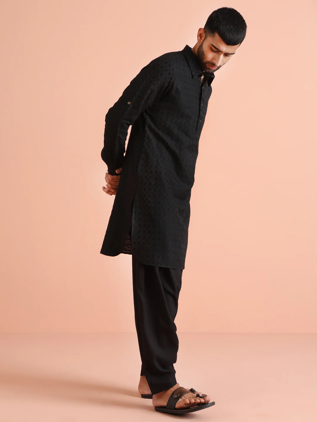 Black Silk Blend Jacquard Pathani Kurta Patiyala Set - Image 3