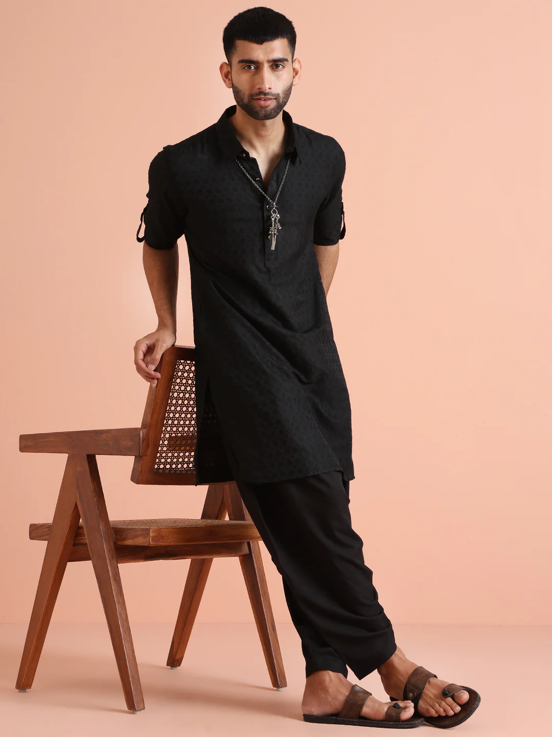 Black Silk Blend Jacquard Pathani Kurta Patiyala Set - Image 7