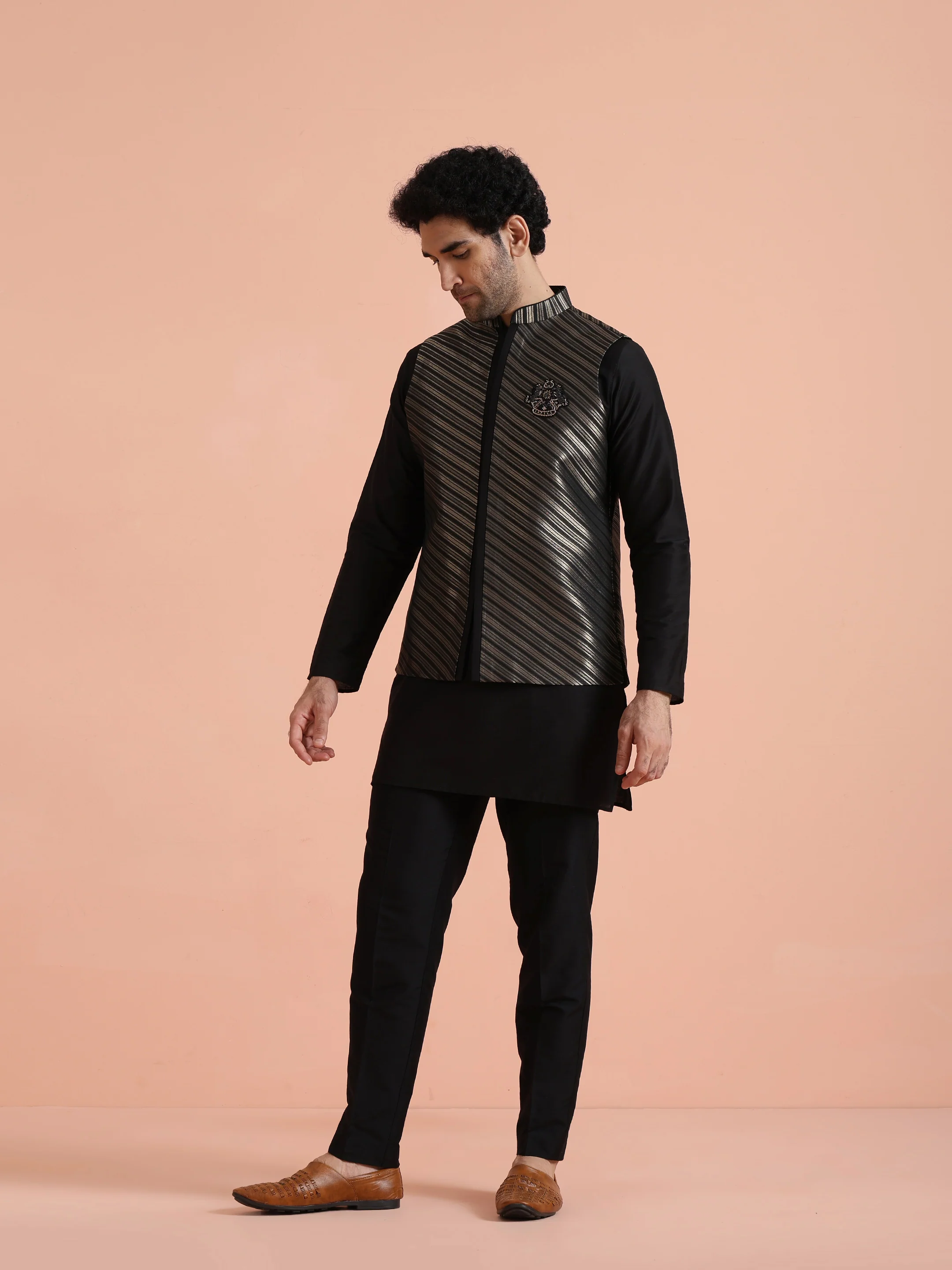 Black Silk Blend Kurta Jacket Set - Image 3