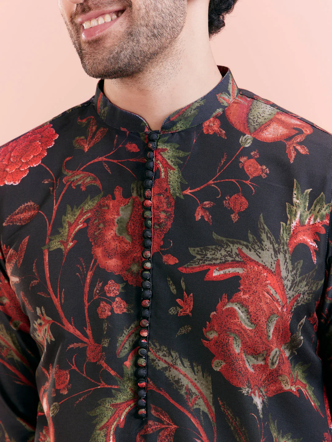 Black Silk Blend Kurta with Red and Green Floral Prints - Image 2