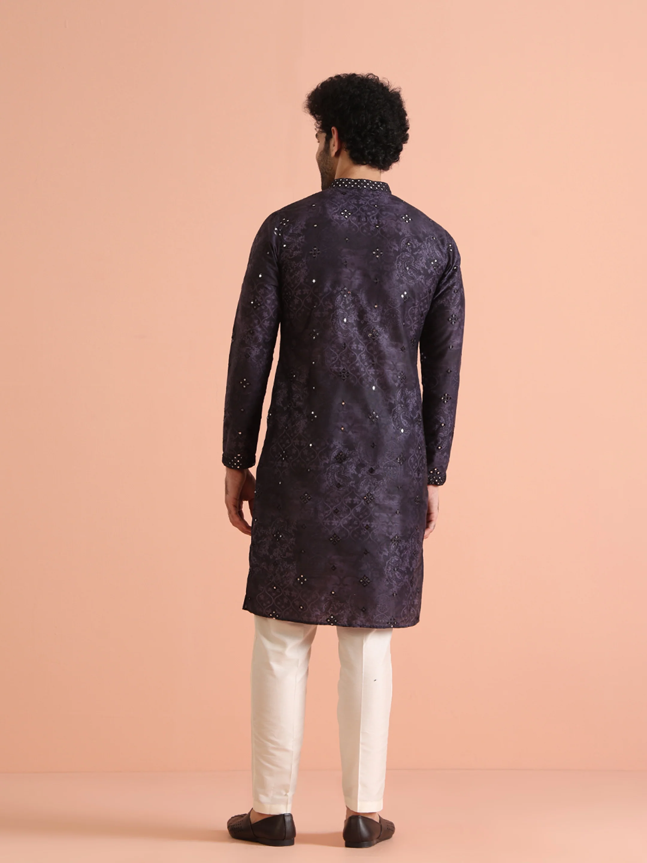 Black Silk Blend Mirror Work Kurta Trouser Set - Image 4