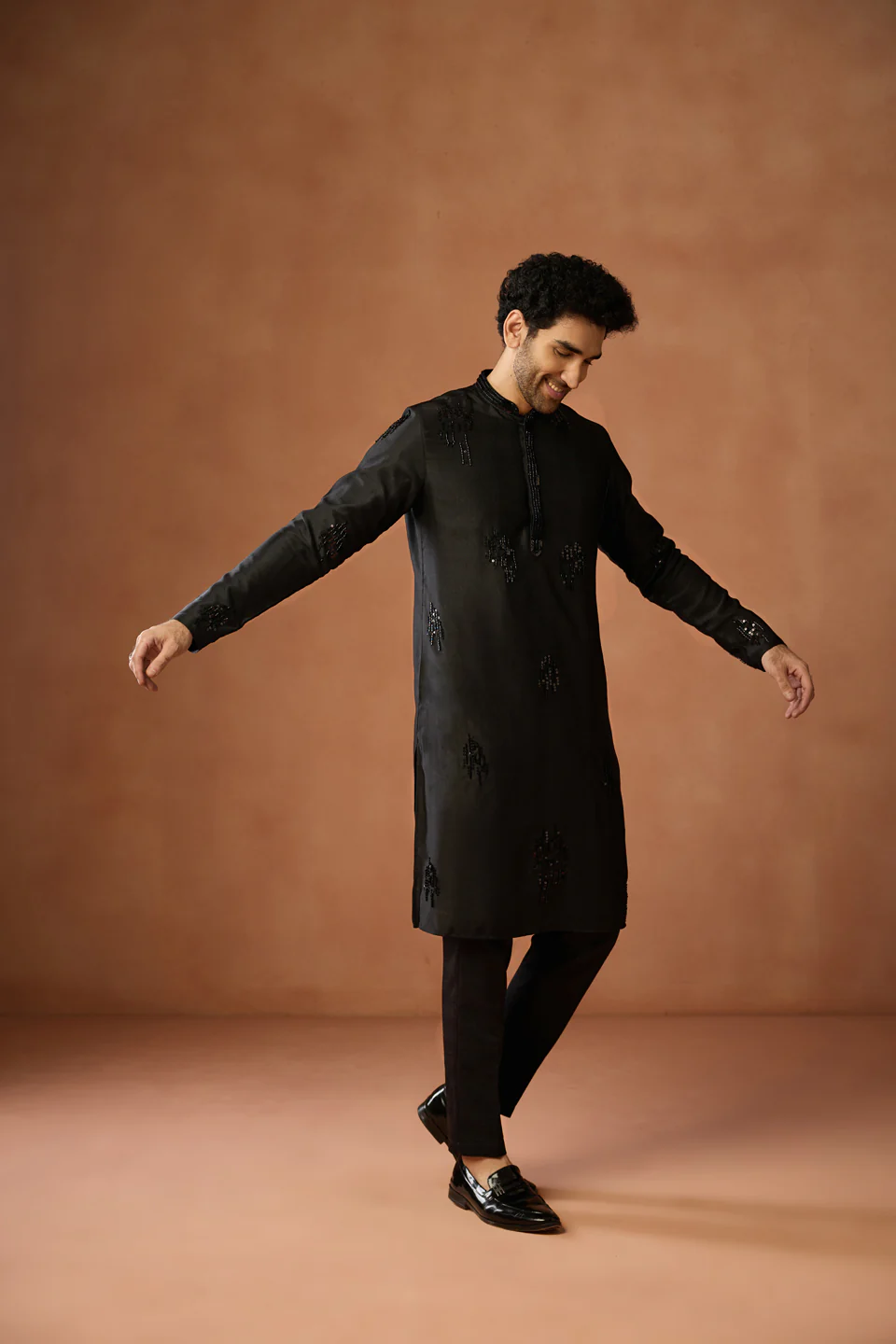 Black Silk Blend Sequin Embroidered Kurta Trouser Set