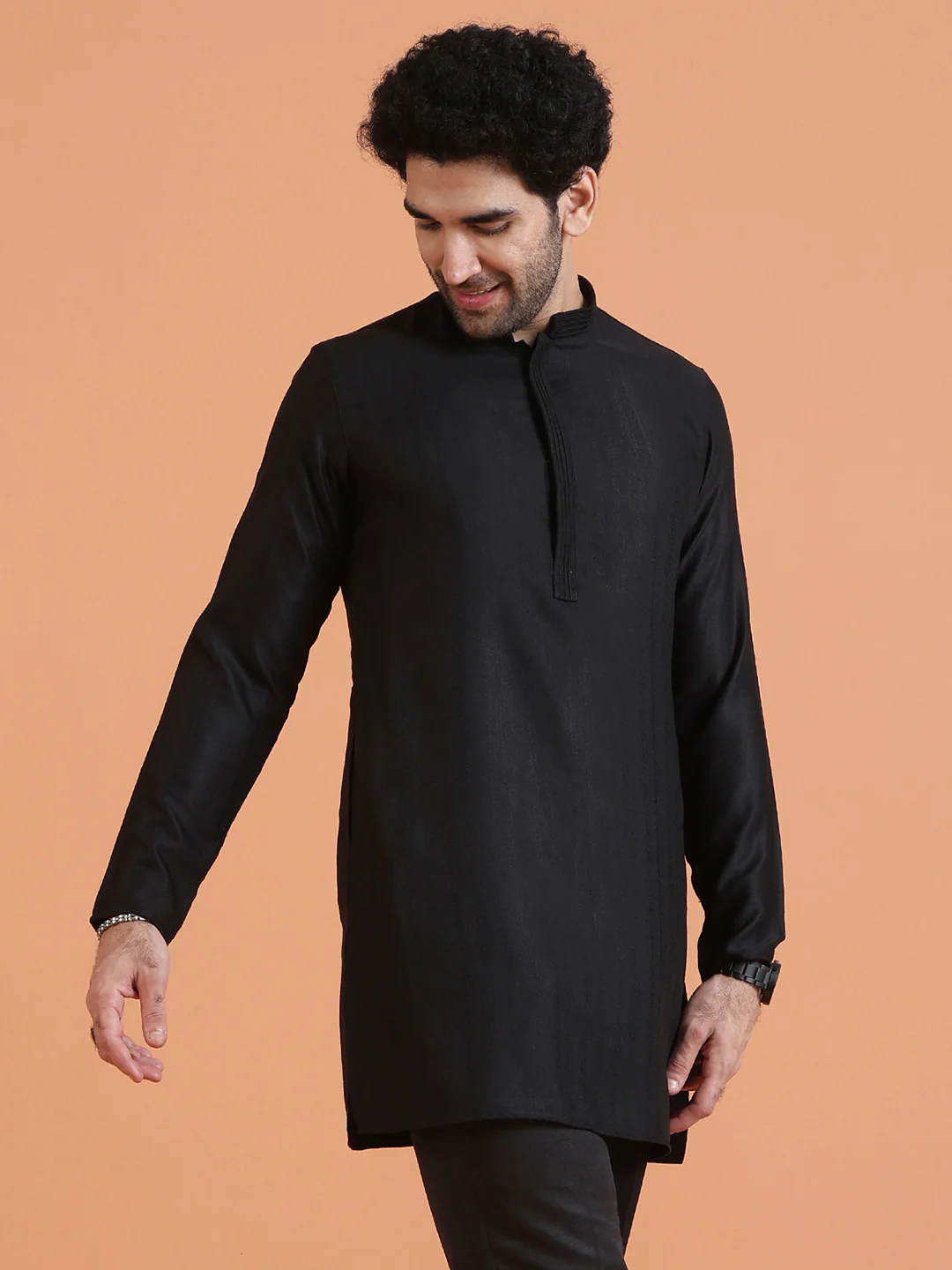 Black Silk Blend Solid Mid Kurta