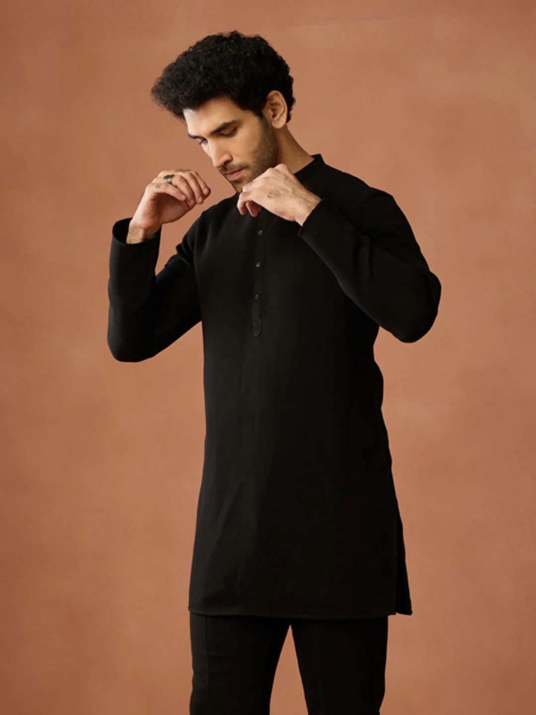 Black Silk Blend Solid Mid Kurta
