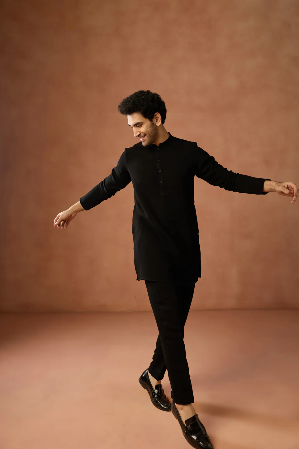 Black Silk Blend Solid Mid Kurta Trouser Set