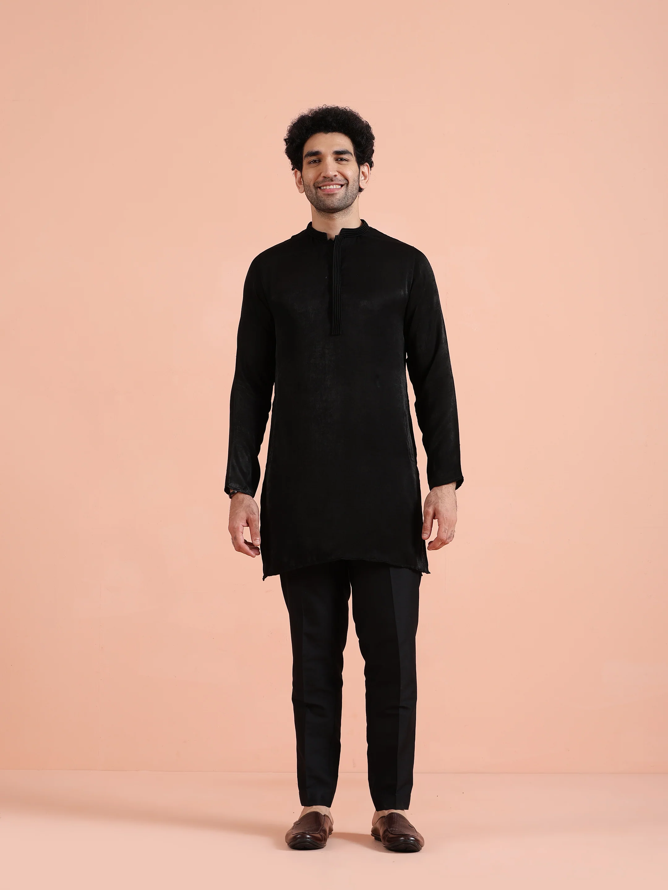 Black Solid Cotton Kurta Trouser Set
