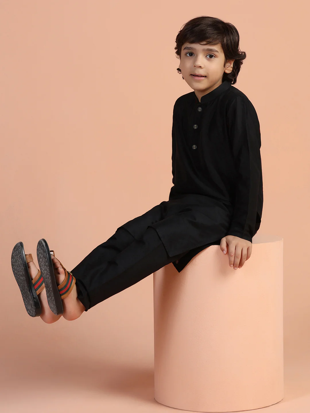 Black Solid Kids Kurta Pyjama Set