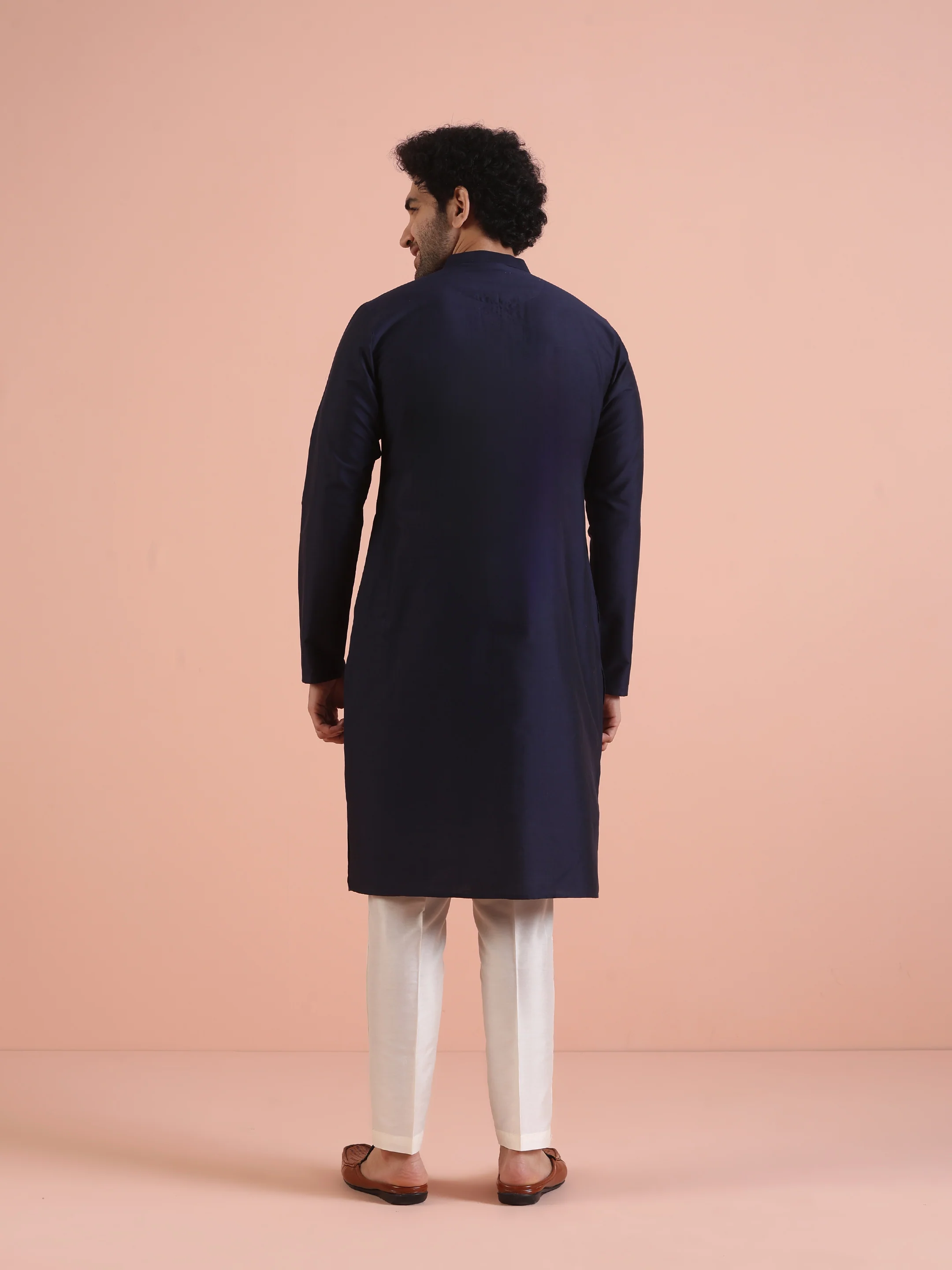 Blue Cotton Blend Pleated Kurta Trouser Set - Image 4