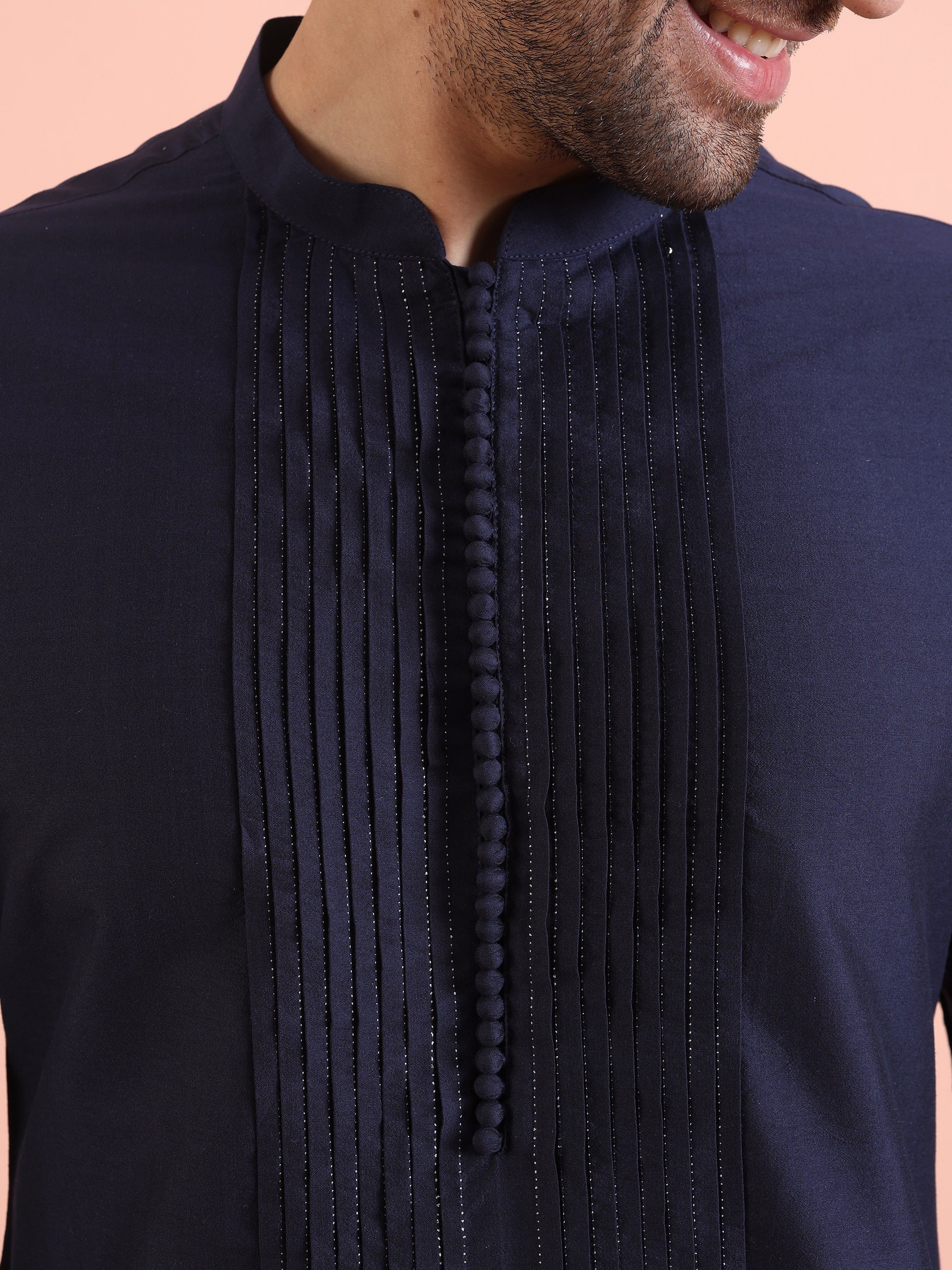 Blue Cotton Blend Pleated Kurta Trouser Set - Image 5