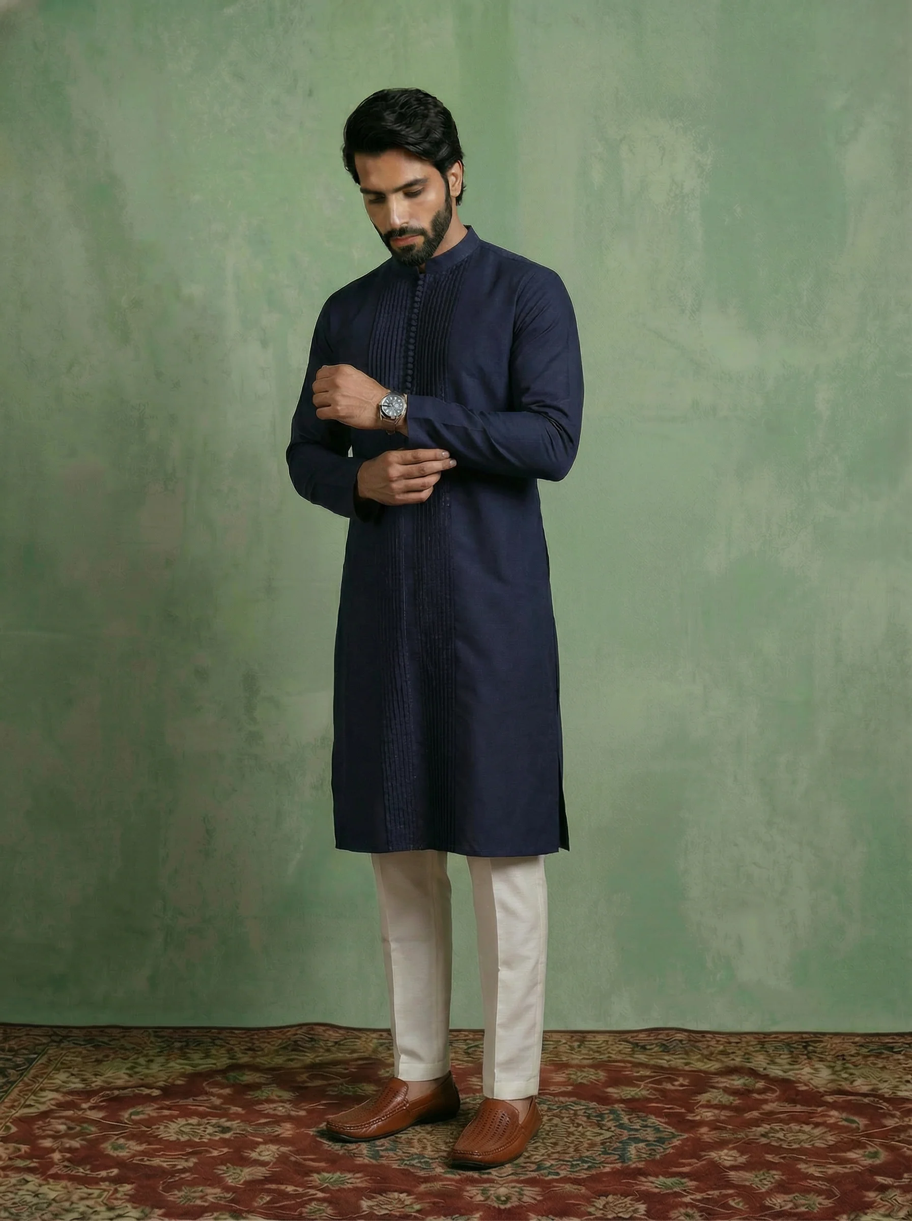 Blue Cotton Blend Pleated Long Kurta