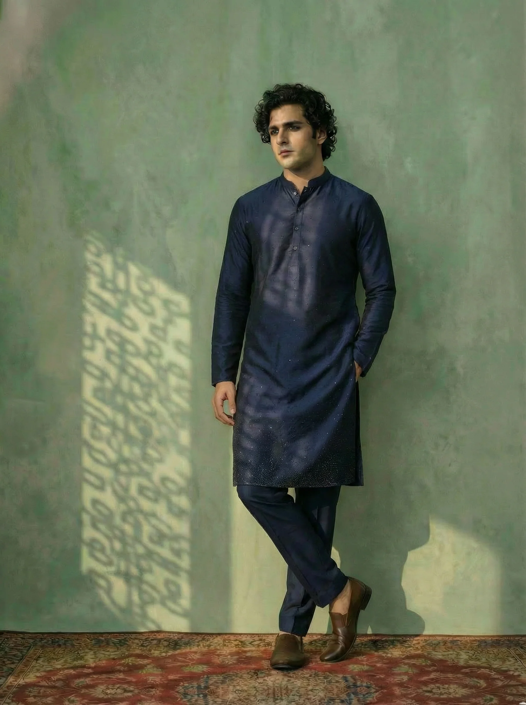 Blue Cotton Embellished Kurta Trouser Set