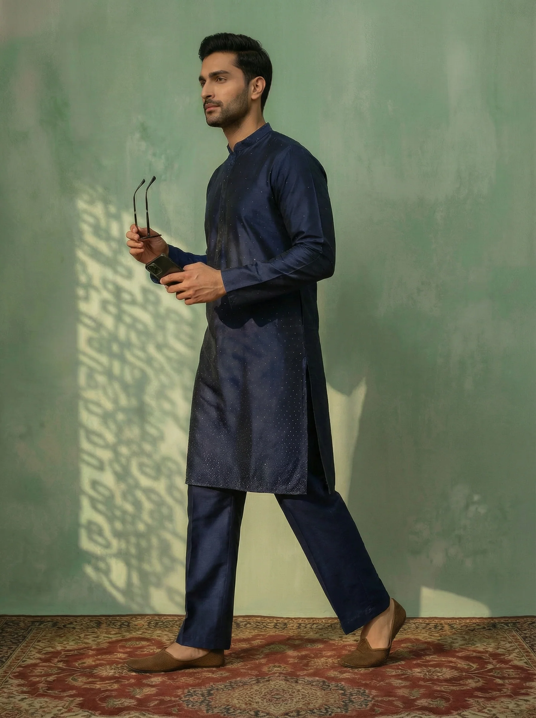 Blue Poly Silk Swarovski Kurta Wide Leg Trouser Set