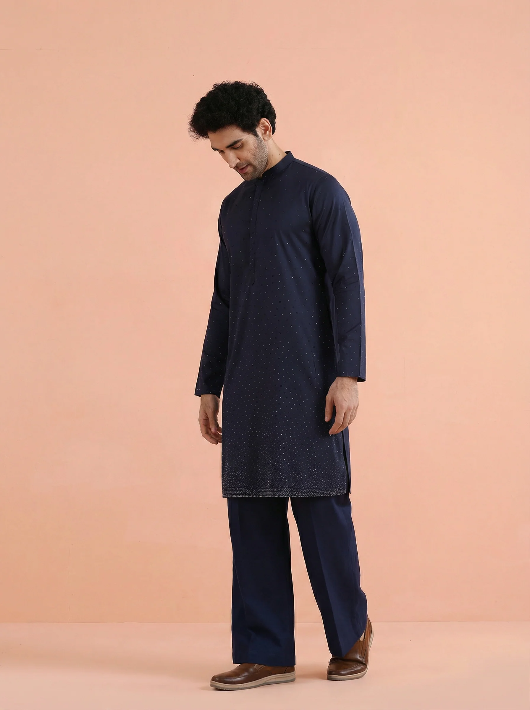 Blue Poly Silk Swarovski Kurta Wide Leg Trouser Set - Image 2