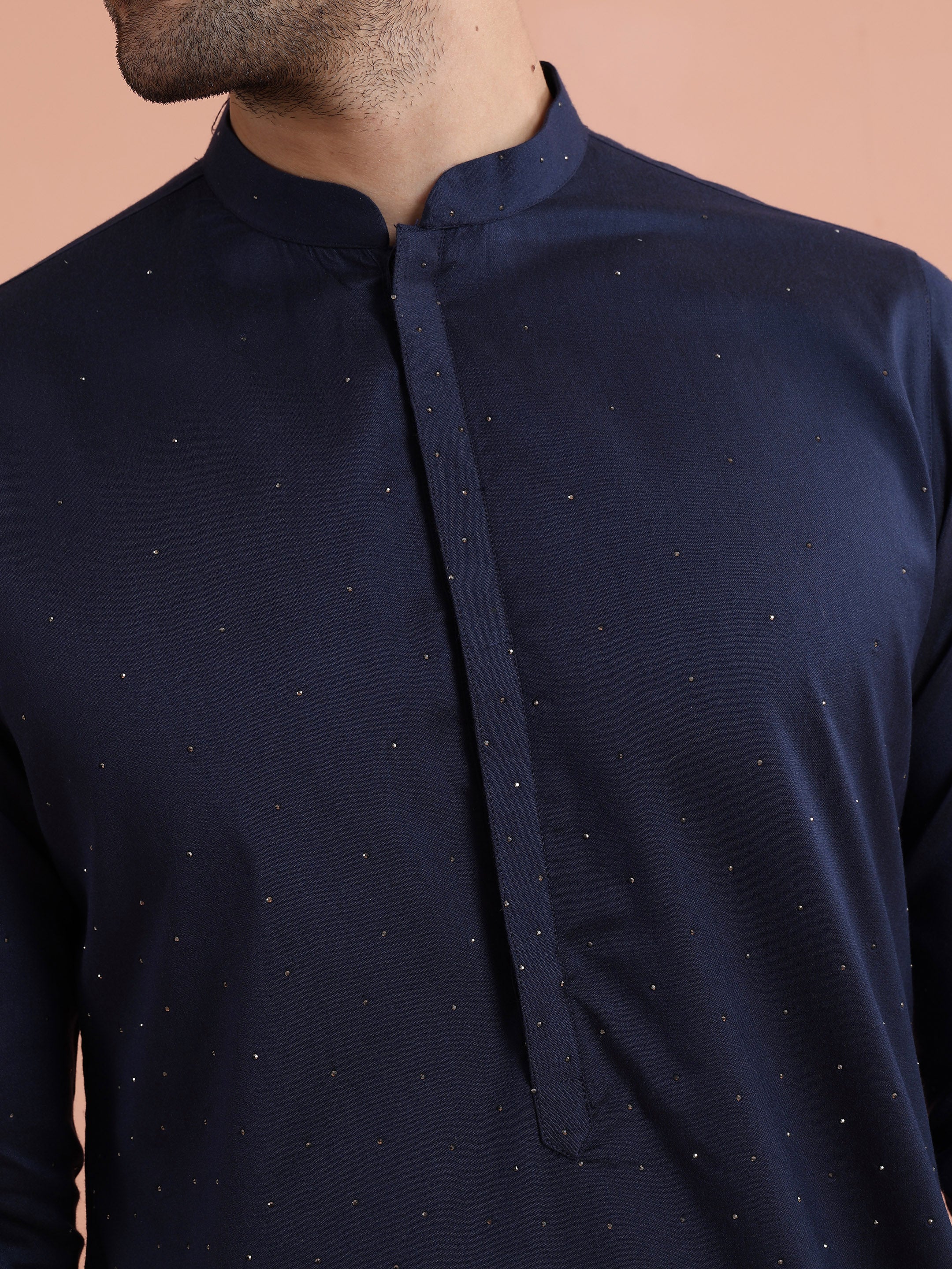 Blue Poly Silk Swarovski Kurta Wide Leg Trouser Set - Image 5