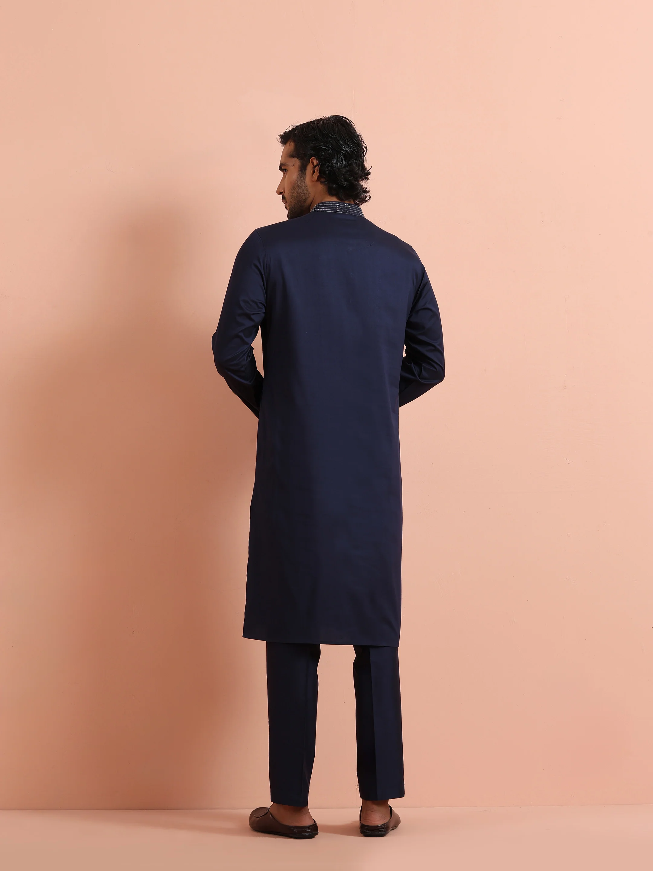 Blue Poly Silk Swarovski Work Kurta Trouser Set - Image 4
