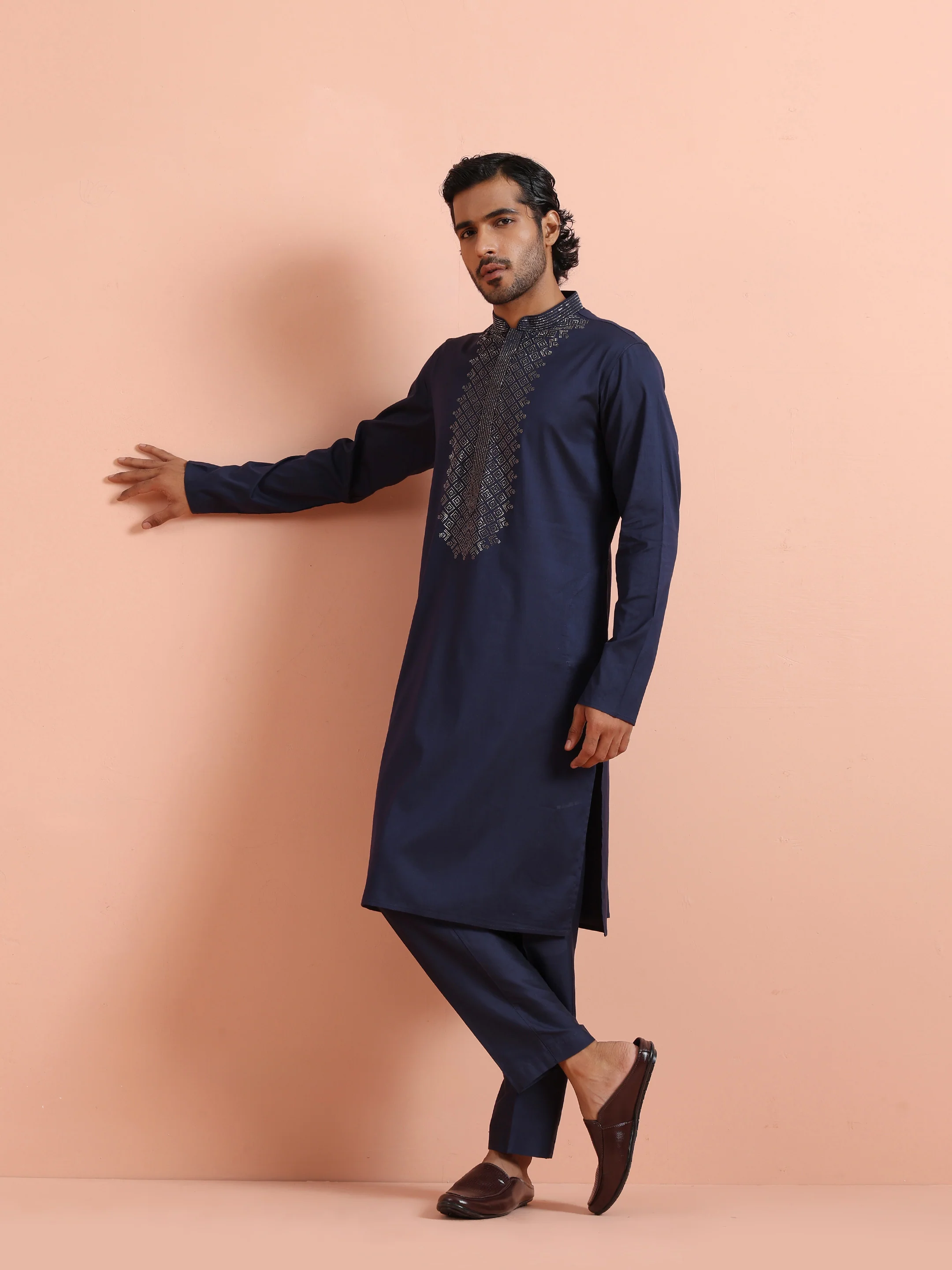 Blue Poly Silk Swarovski Work Kurta Trouser Set - Image 6