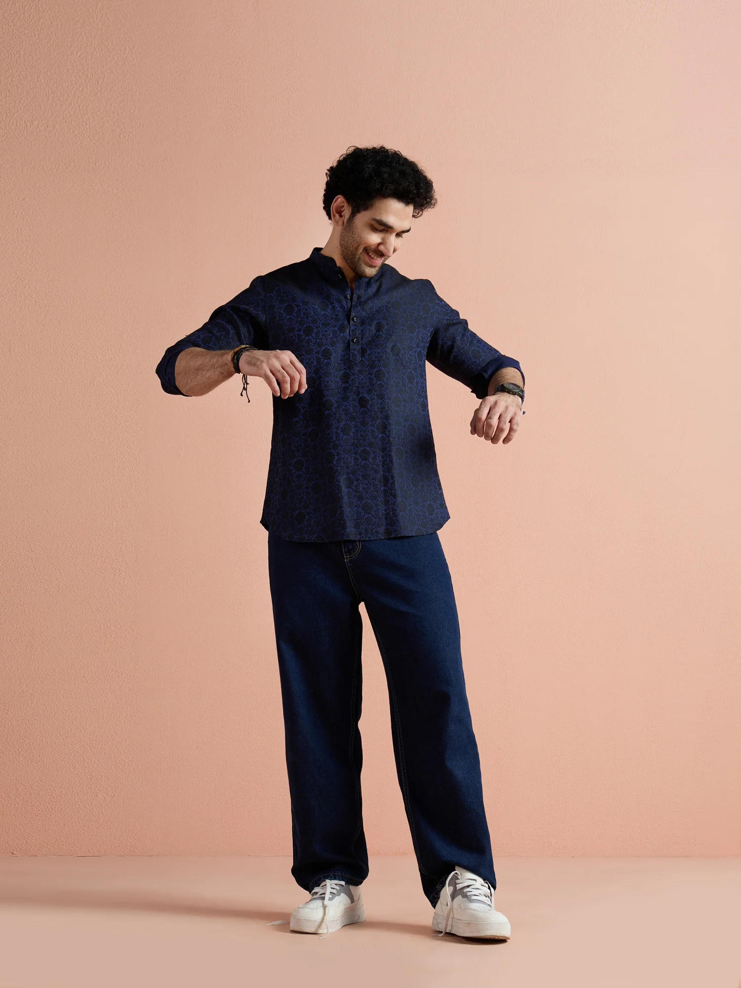 Blue Silk Blend Jacquard Short Kurta