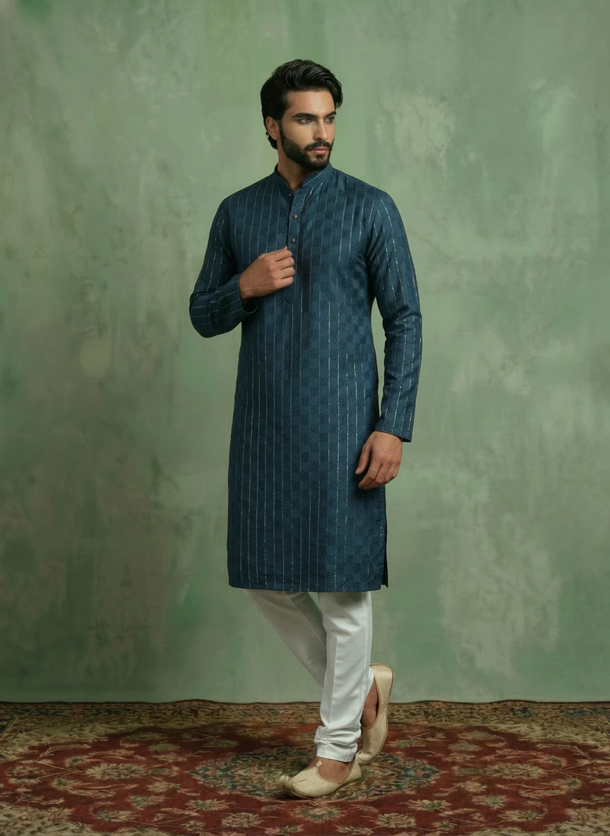 Blue Silk Blend Textured Kurta Trouser Set