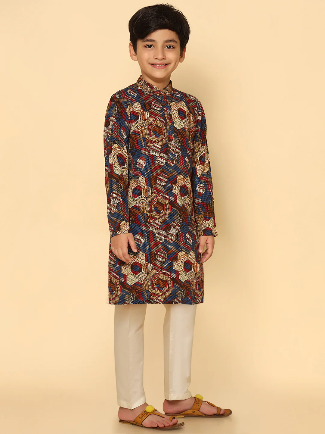 Boy's Multicolour Cotton Blend Printed Kurta Pyjama Set - Image 2