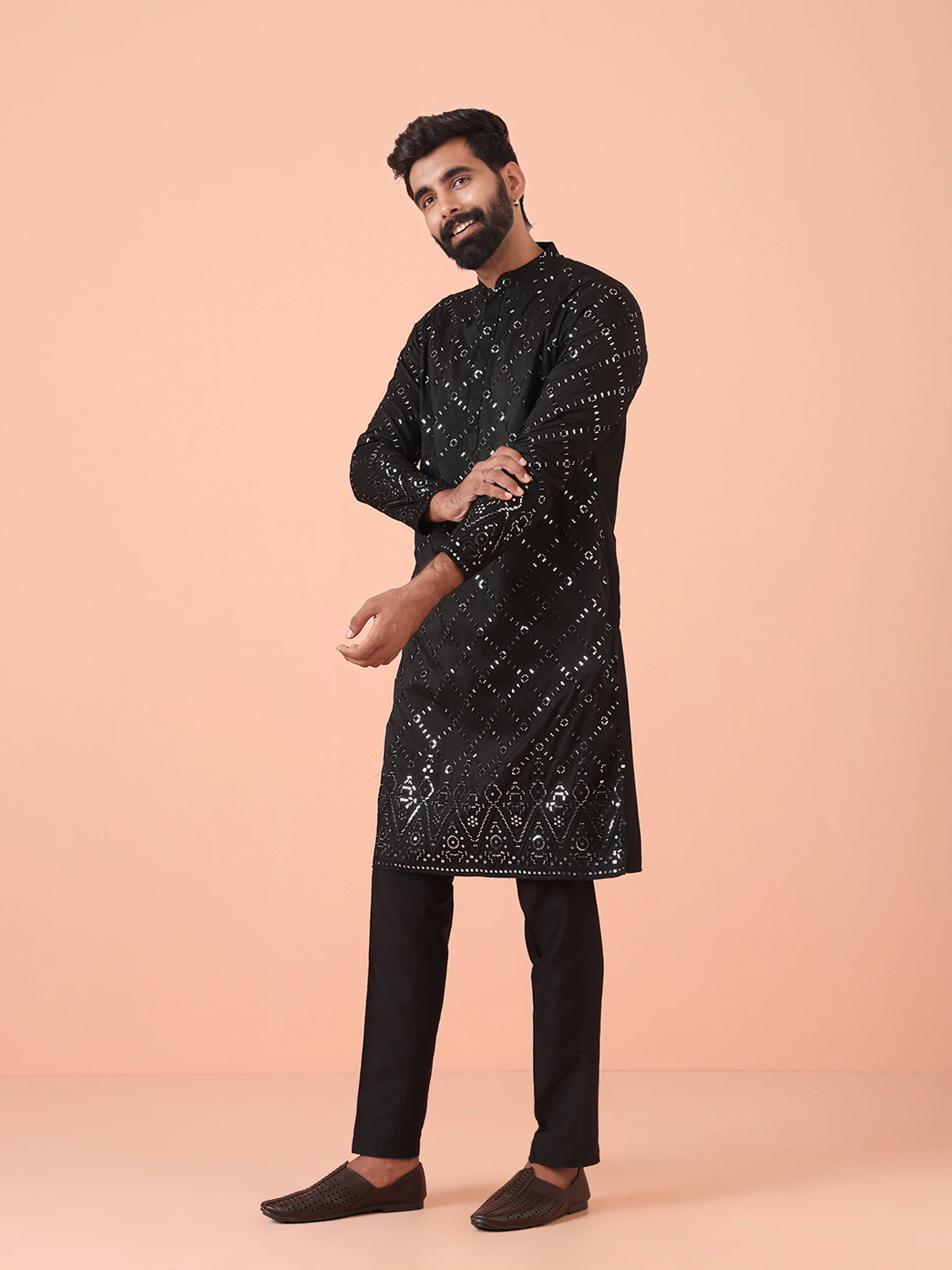Charcoal Black Cotton Blend Embellished Kurta Trouser Set - Image 2