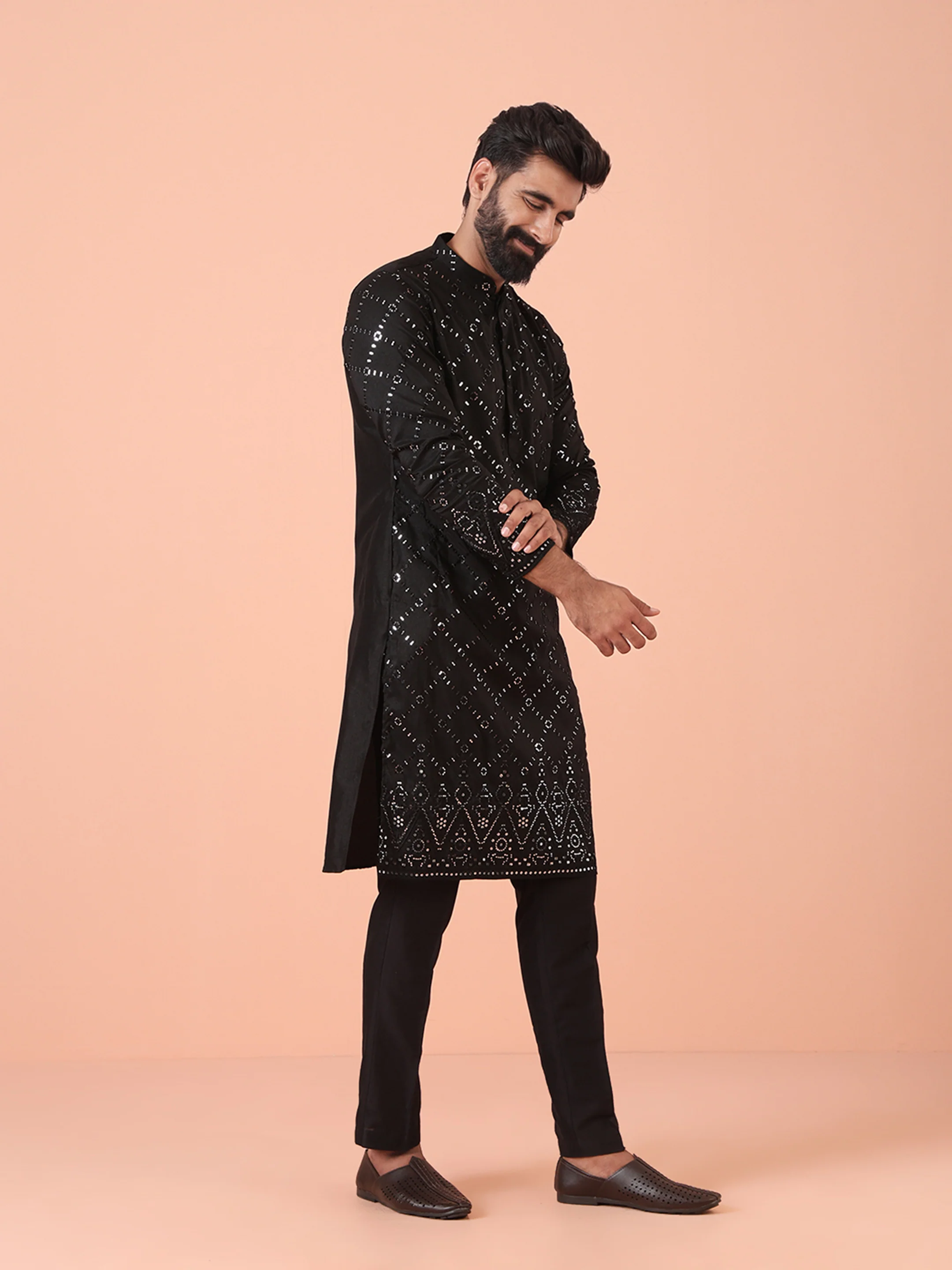 Charcoal Black Cotton Blend Embellished Kurta Trouser Set - Image 3