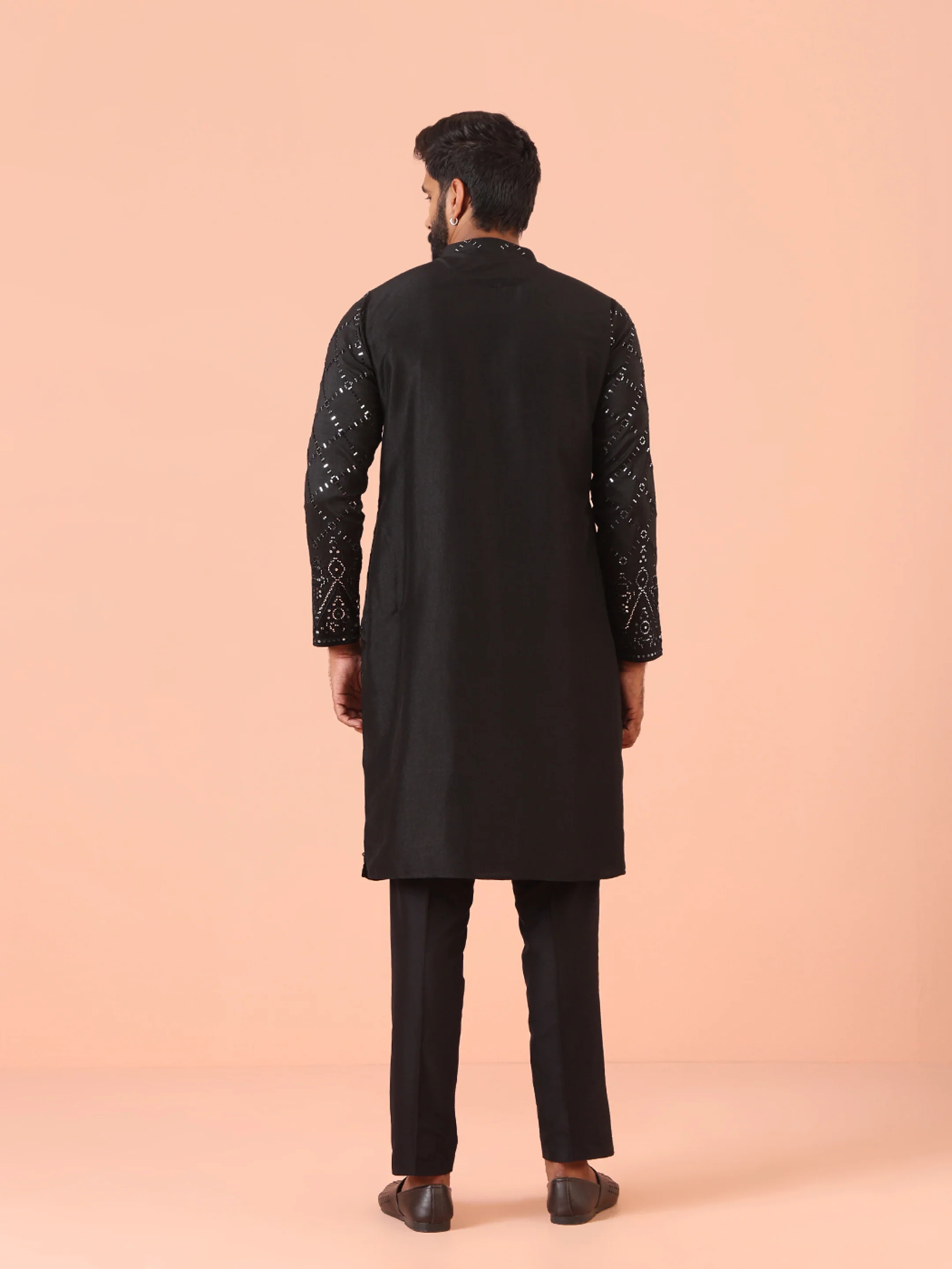 Charcoal Black Cotton Blend Embellished Kurta Trouser Set - Image 4