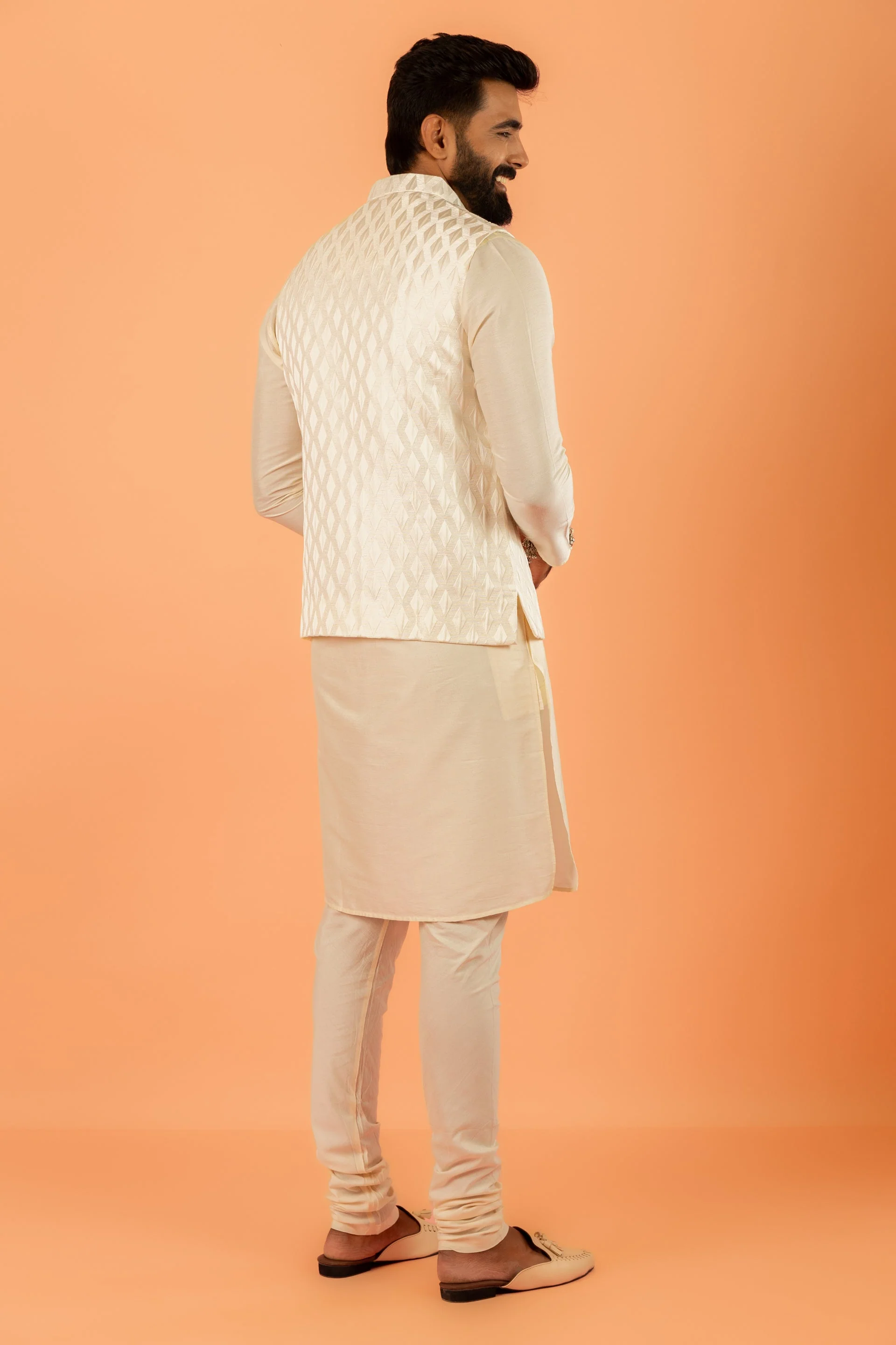 Cream Art Silk Textured Nehru Jacket - Image 4
