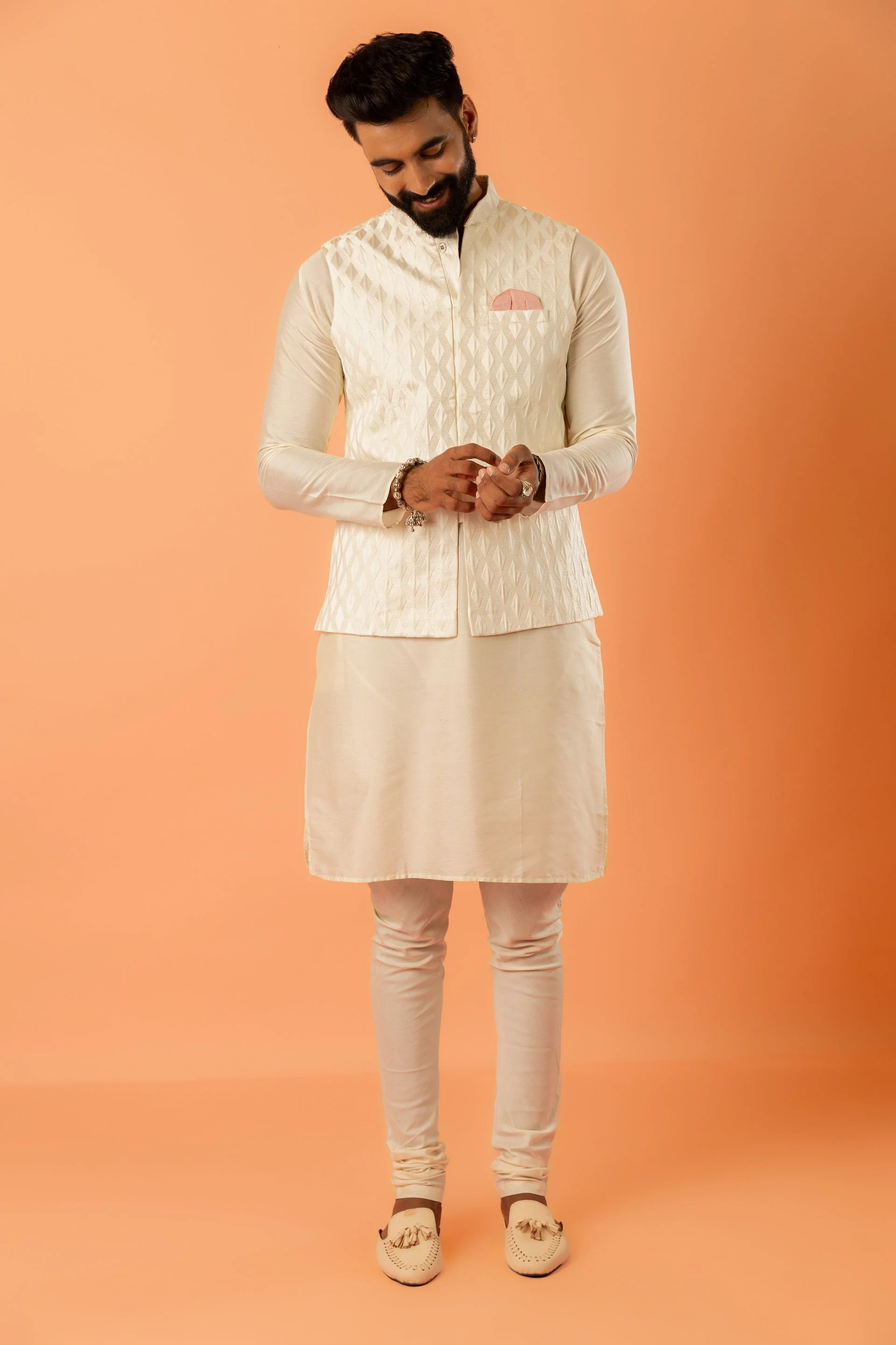 Cream Art Silk Textured Nehru Jacket - Image 5