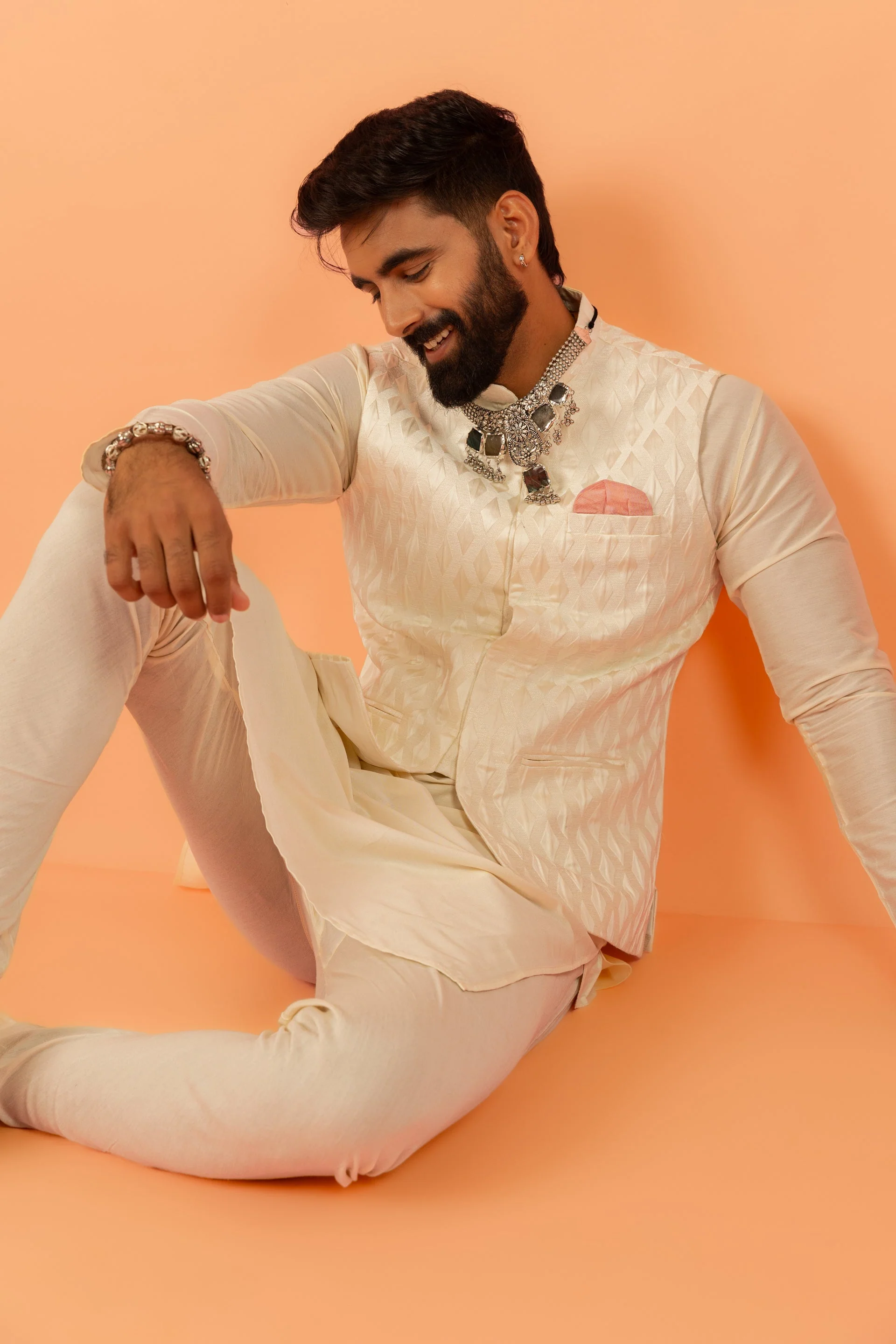 Cream Art Silk Textured Nehru Jacket - Image 6